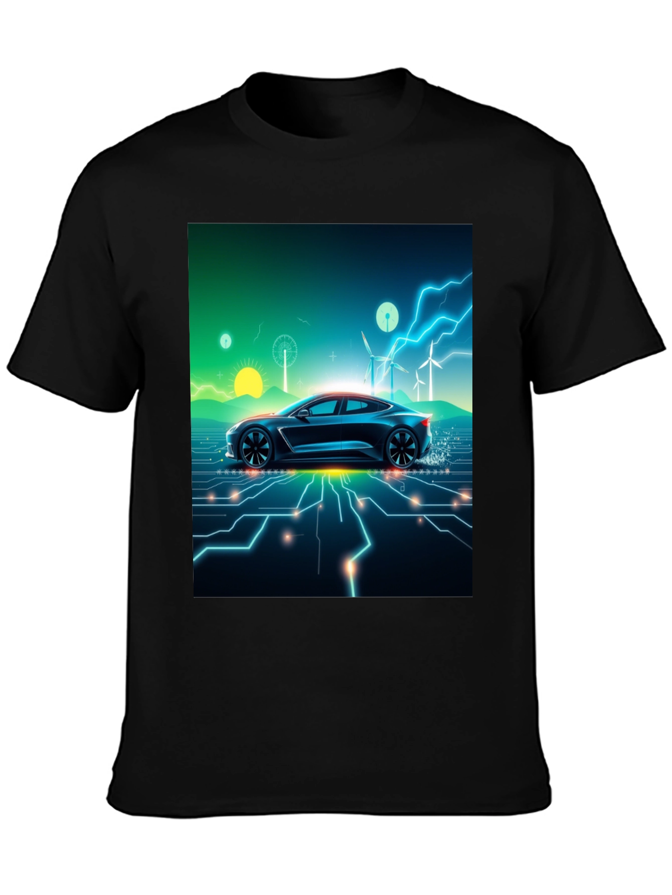 Black Electric Car T-Shirt - Futuristic Style view 3