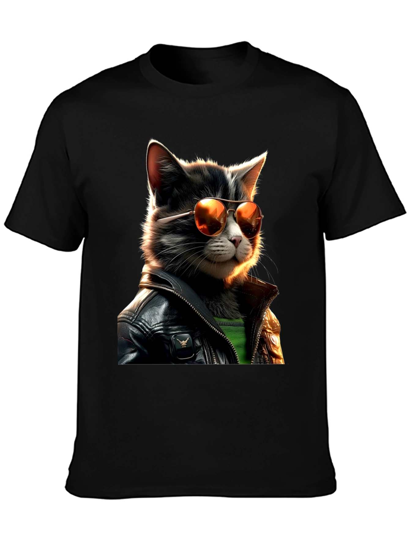 Black Cool Cat in Leather T-Shirt view 3