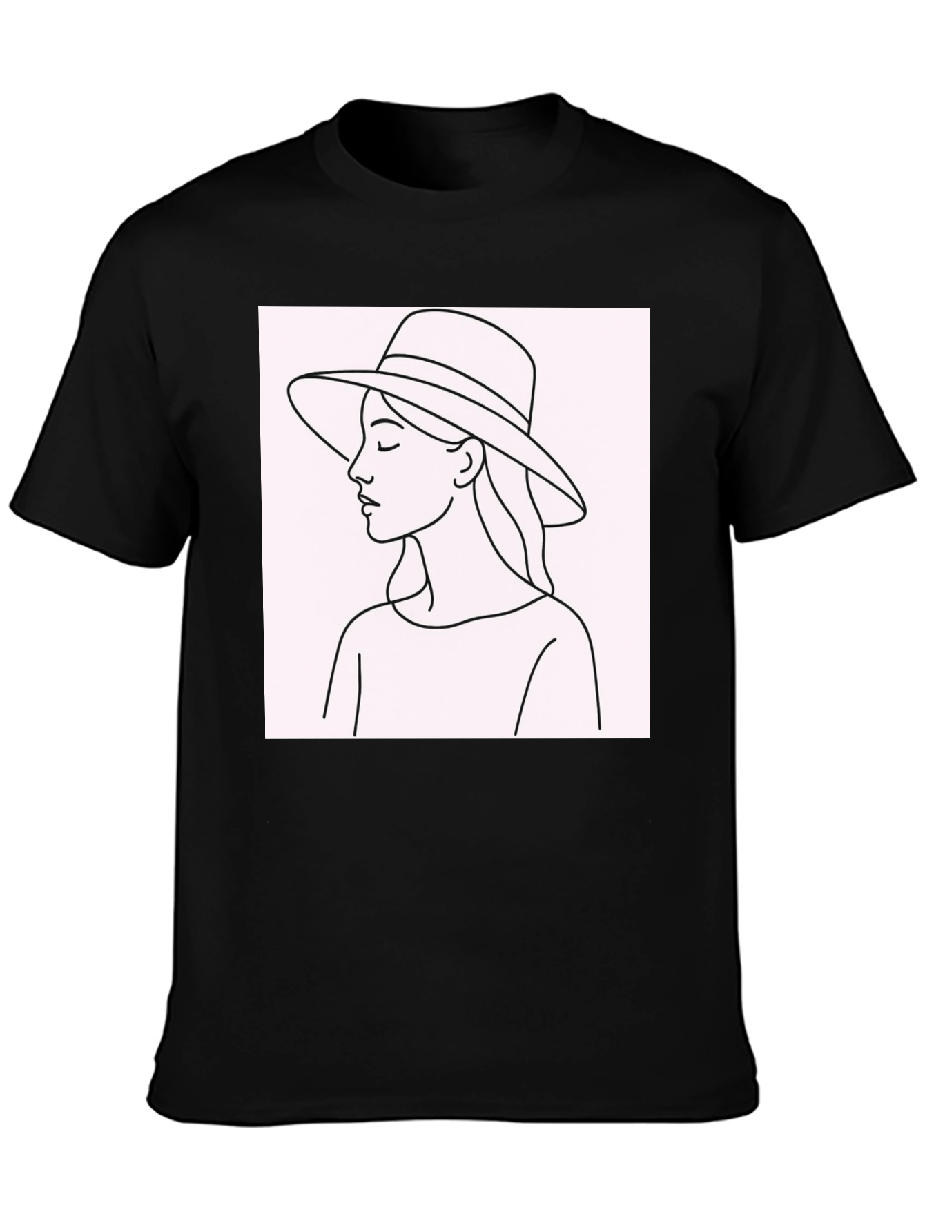 Black Minimalist Woman in Hat T-Shirt - Stylish Black Tee view 3
