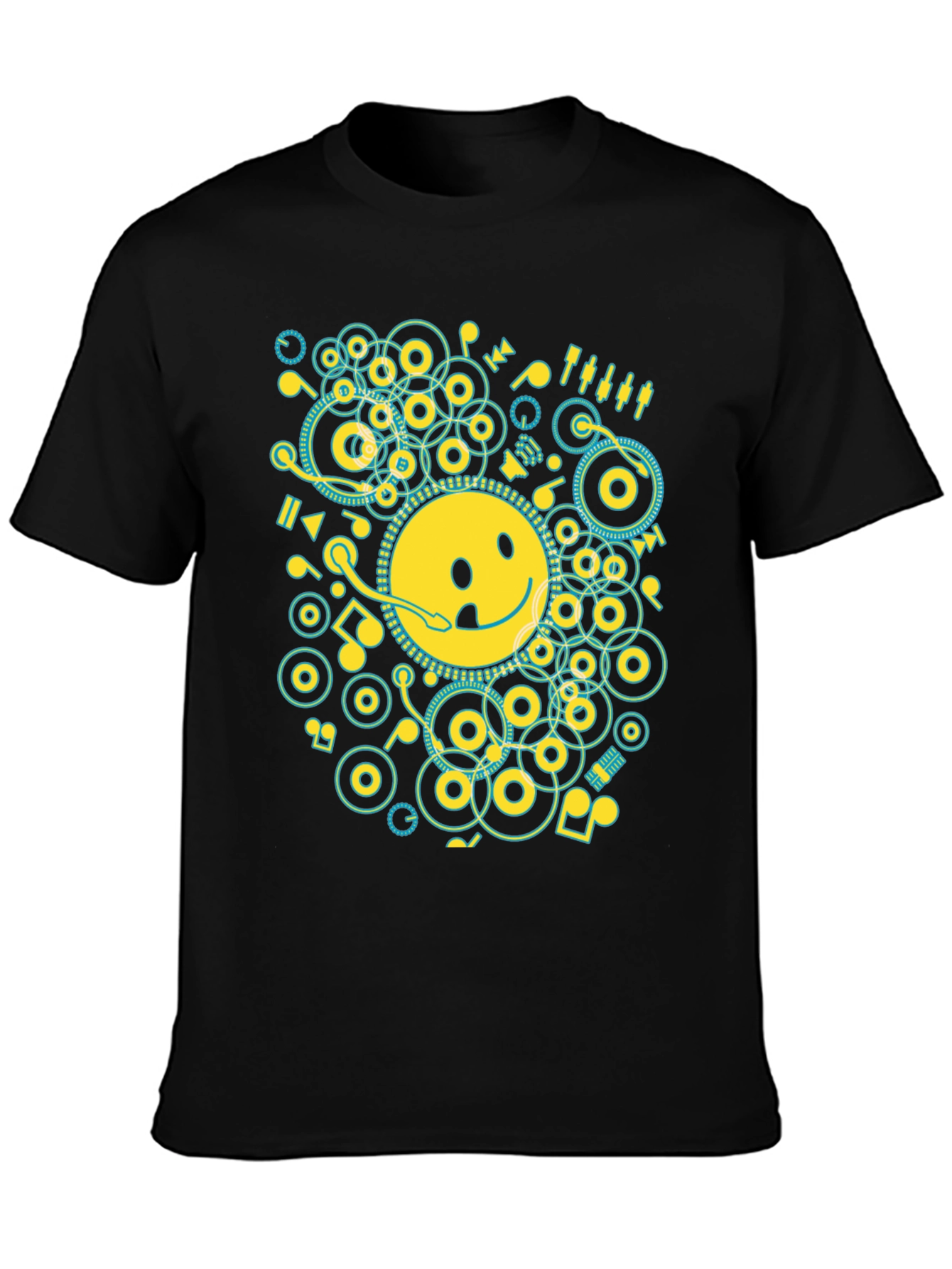 Black Smiley Face Music Graphic T-Shirt - Casual Black Tee view 3