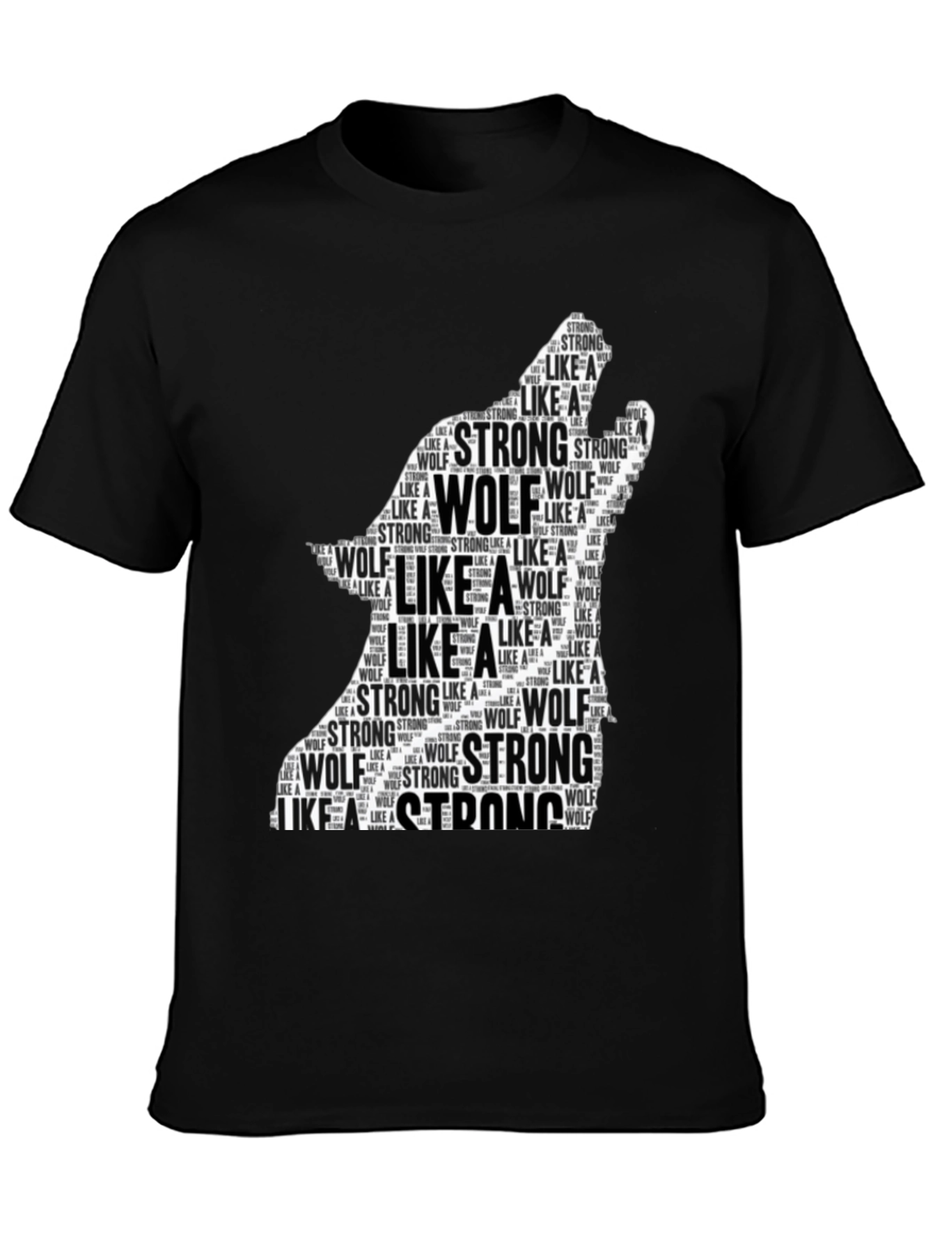 Black Wolf Silhouette Word Art T-Shirt - Strong Like a Wolf Tee view 3