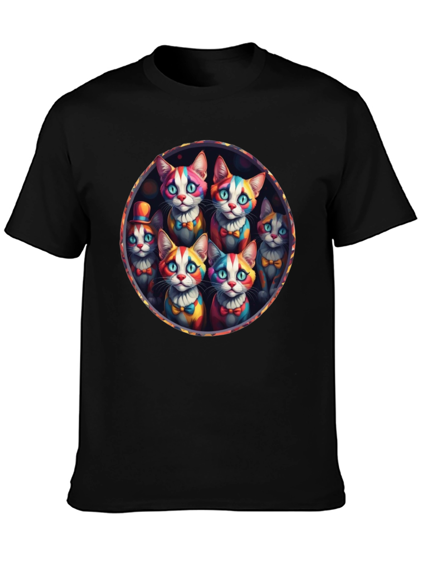 Black Colorful Clown Cats Graphic Tee - Unique Design view 3