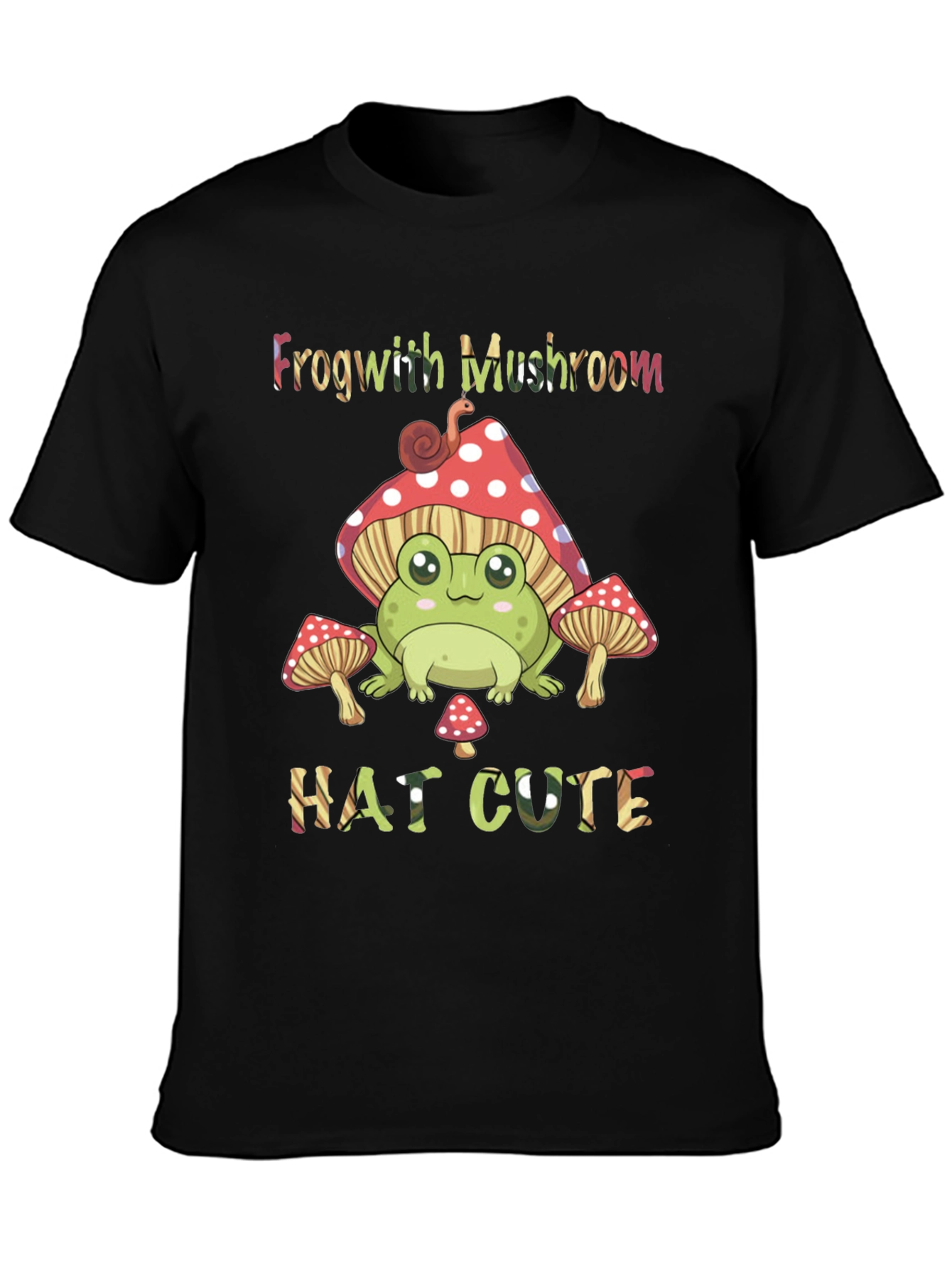 Black Frog with Mushroom Hat Cute Black T-Shirt view 3