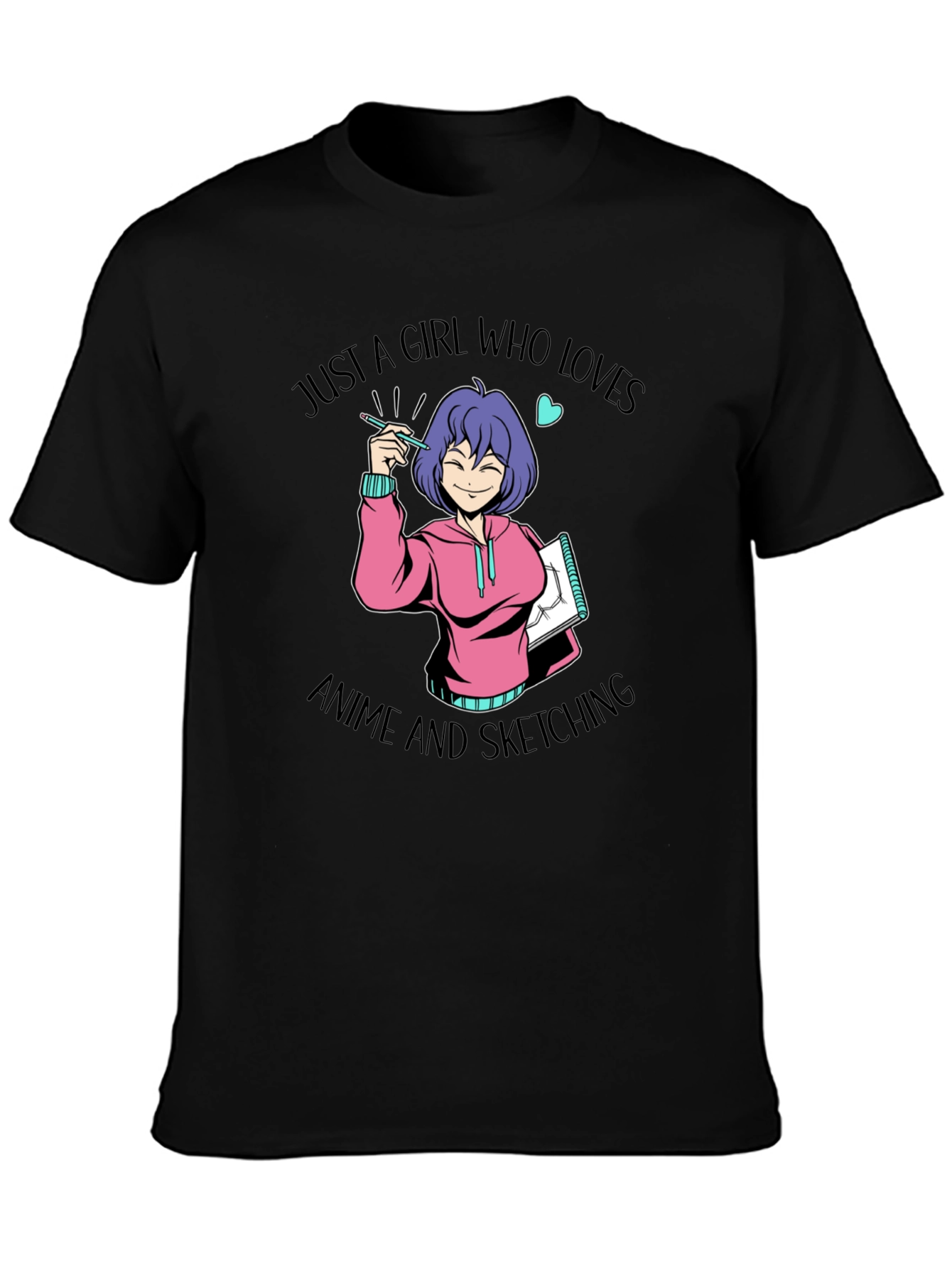 Black Anime Sketching Girl Graphic T-Shirt view 3