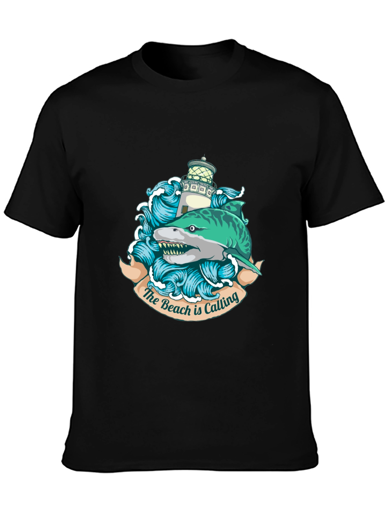 Black Beach Calling T-Shirt with Shark and Lighthouse view 3