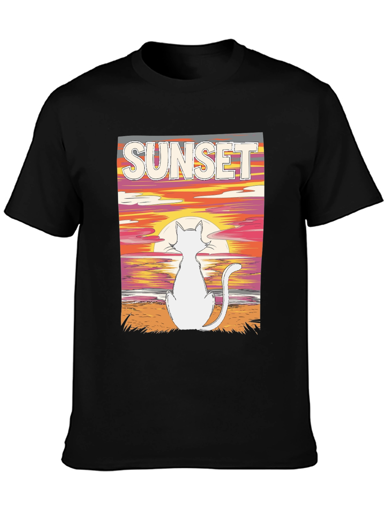 Black Sunset Cat Graphic Tee - Black Cotton T-Shirt view 3
