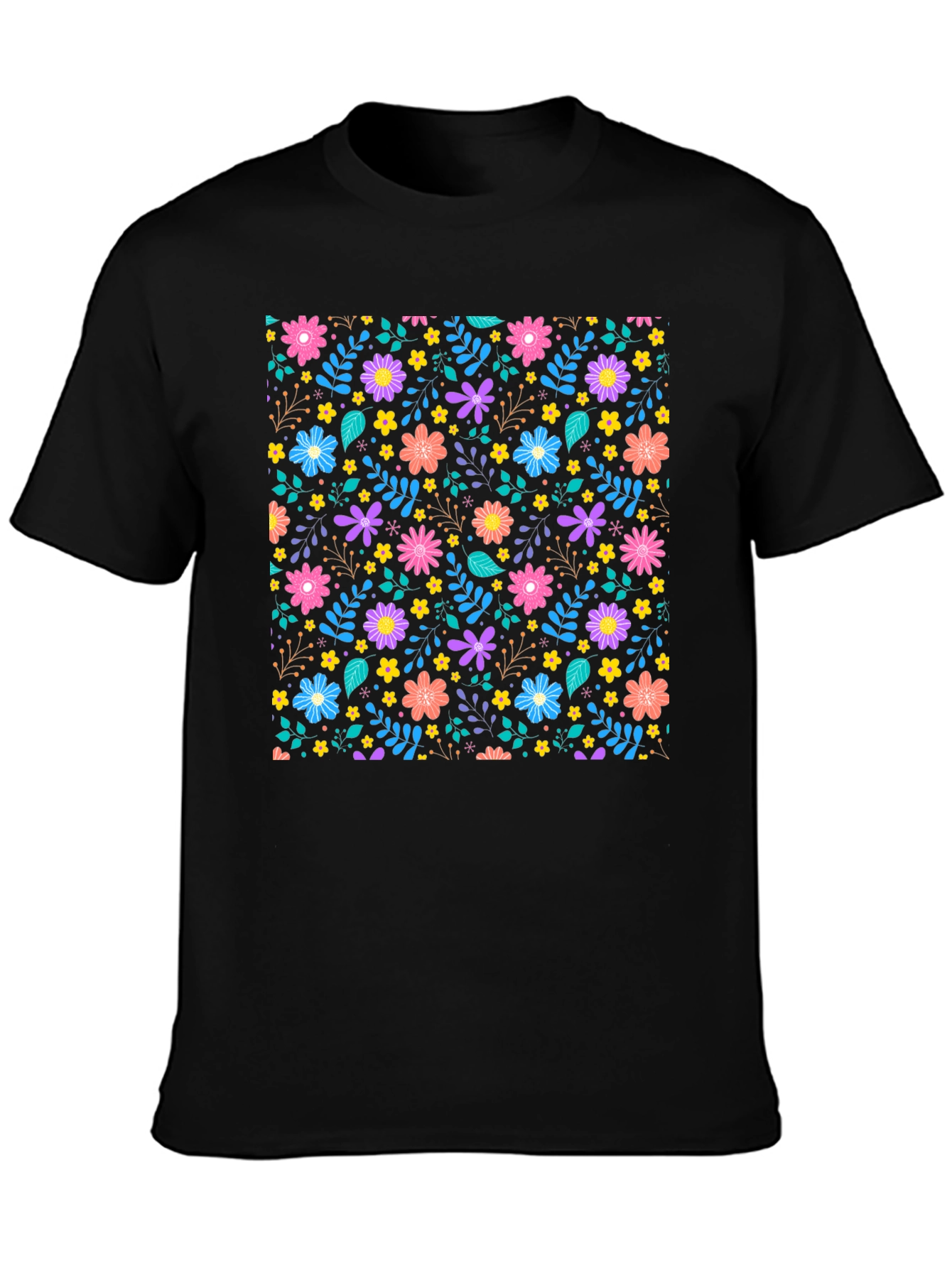 Black Floral Pattern Black T-Shirt view 3