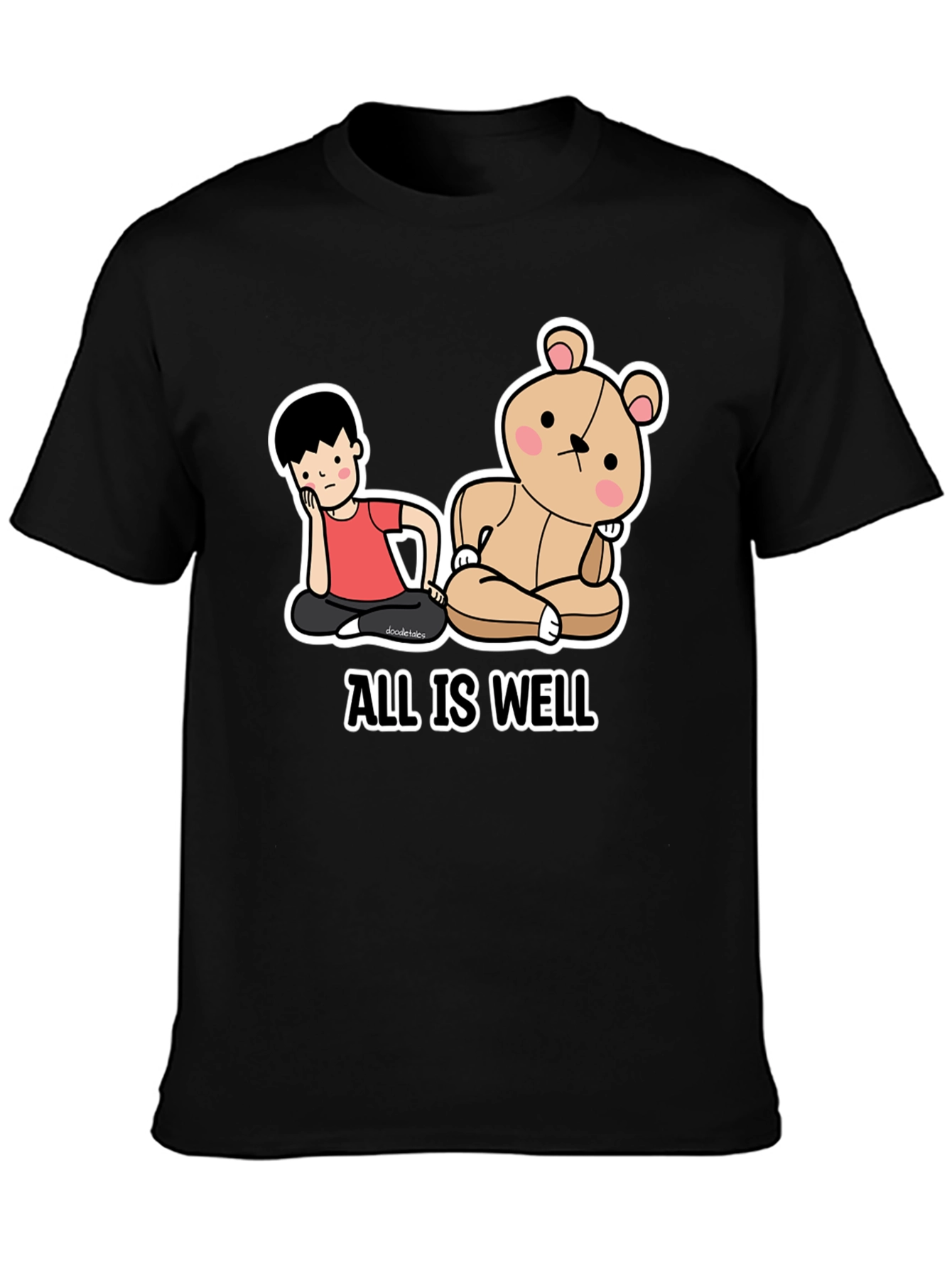 Black All Is Well T-Shirt: Cartoon Boy & Bear Meditating Graphic Tee view 3