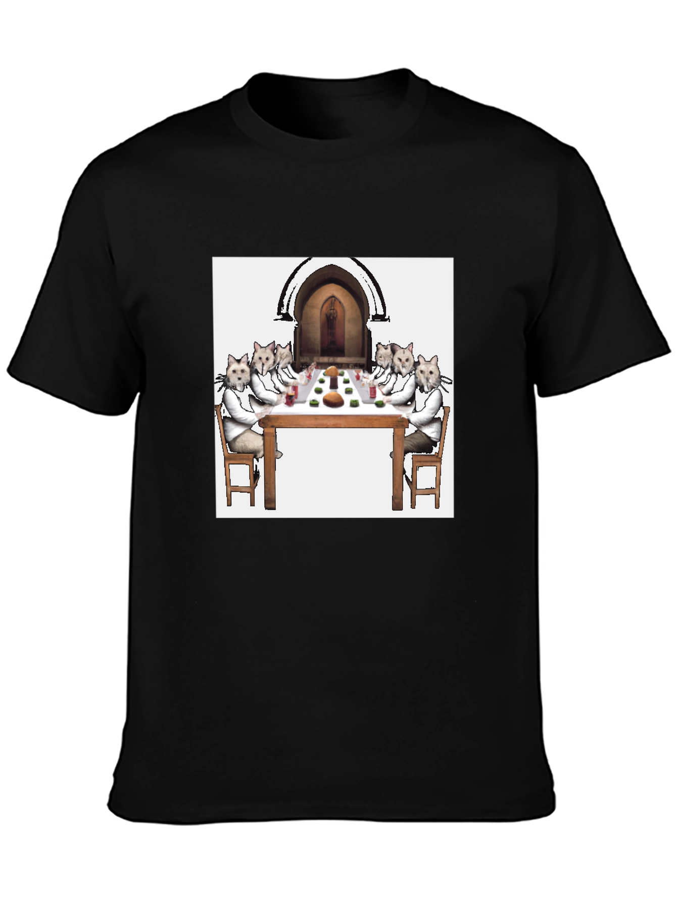 Black Cat Supper Black T-Shirt - Unique Feline Dinner Party Design view 3