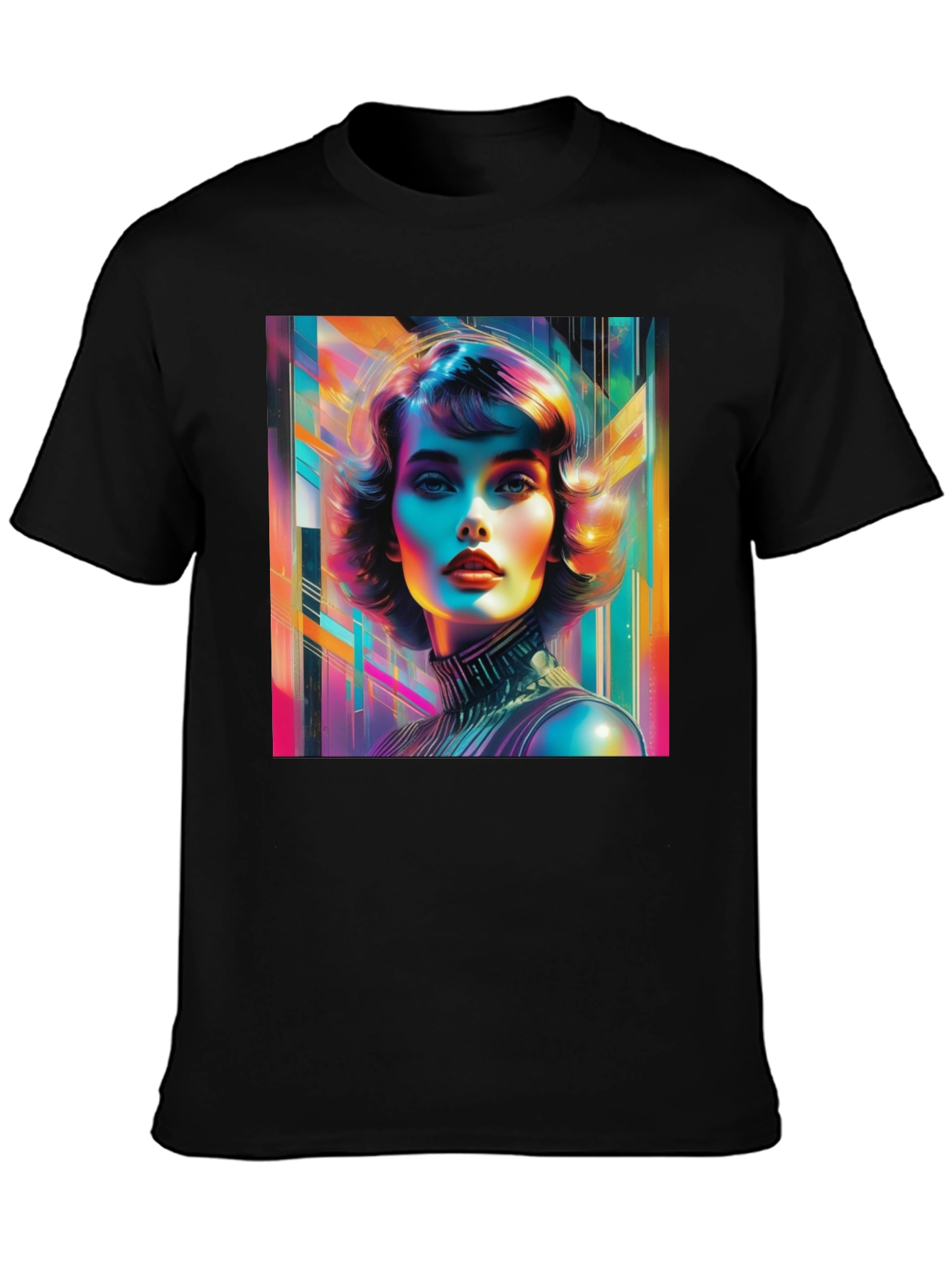 Black Vivid Retro Woman Graphic Tee - Modern Art Style view 3