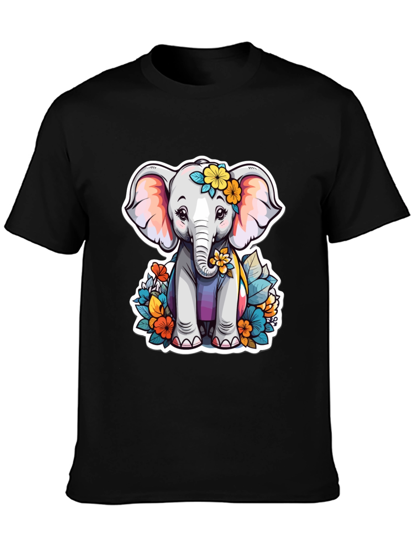 Black Cute Elephant Floral T-Shirt - Unisex Black Tee view 3