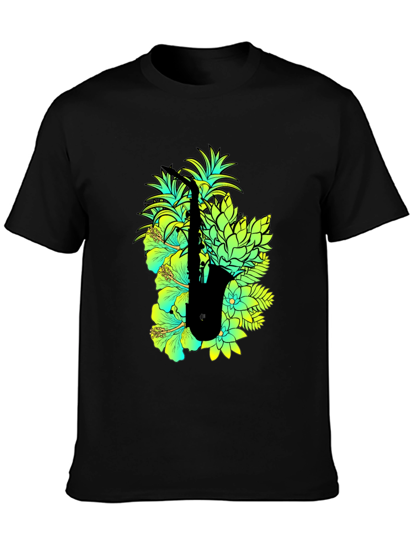 Black Tropical Saxophone Graphic Black T-Shirt view 3