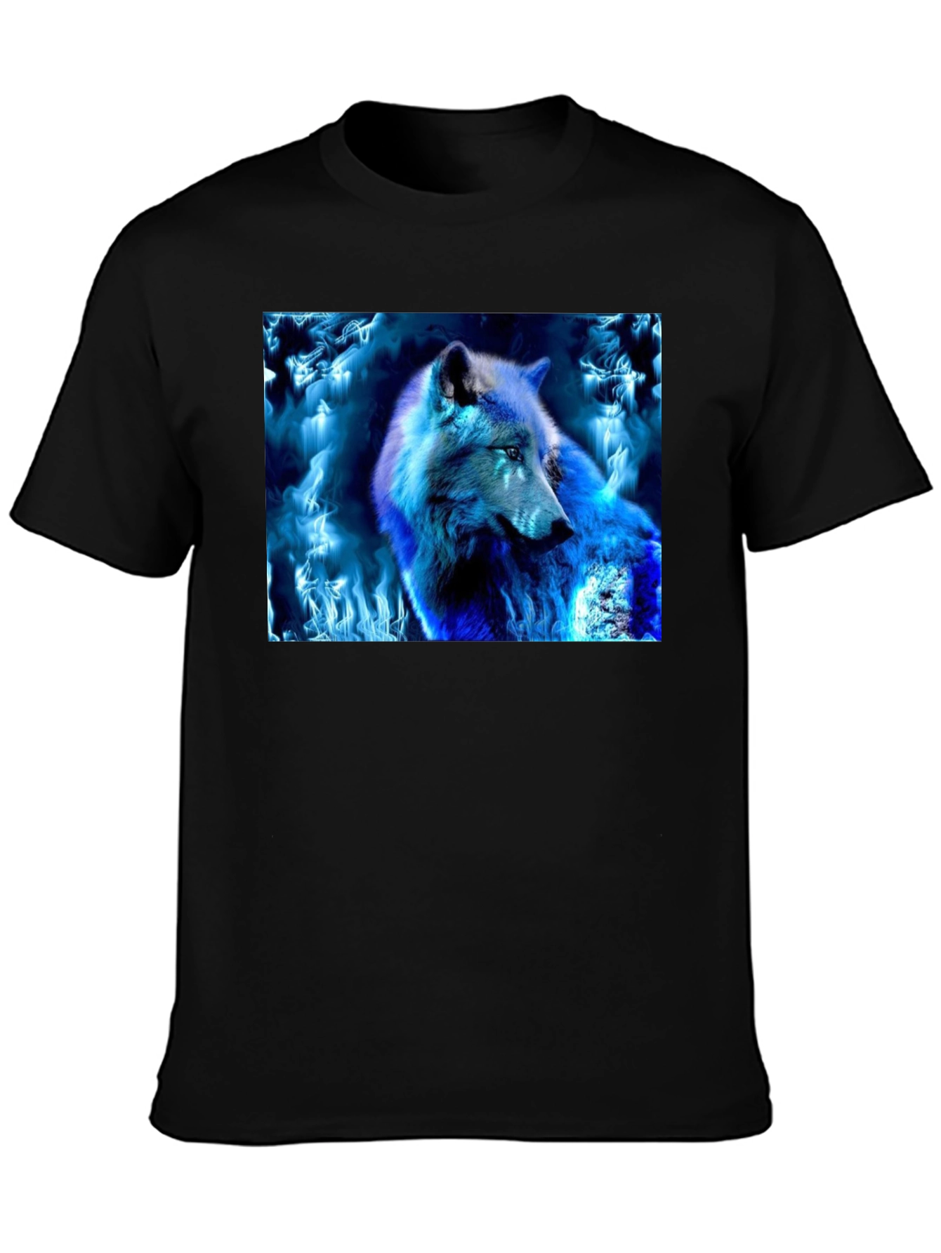 Black Blue Fire Wolf Graphic Tee - Black Cotton Blend view 3