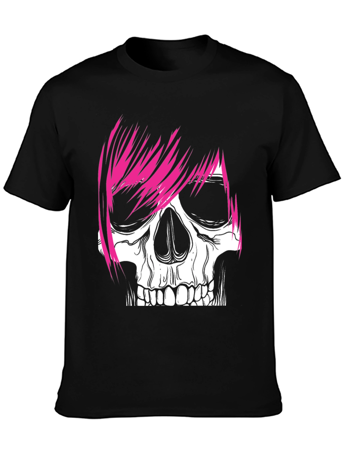 Skull with Pink Hair Graphic Tee - Men's Black T-Shirt - 3
