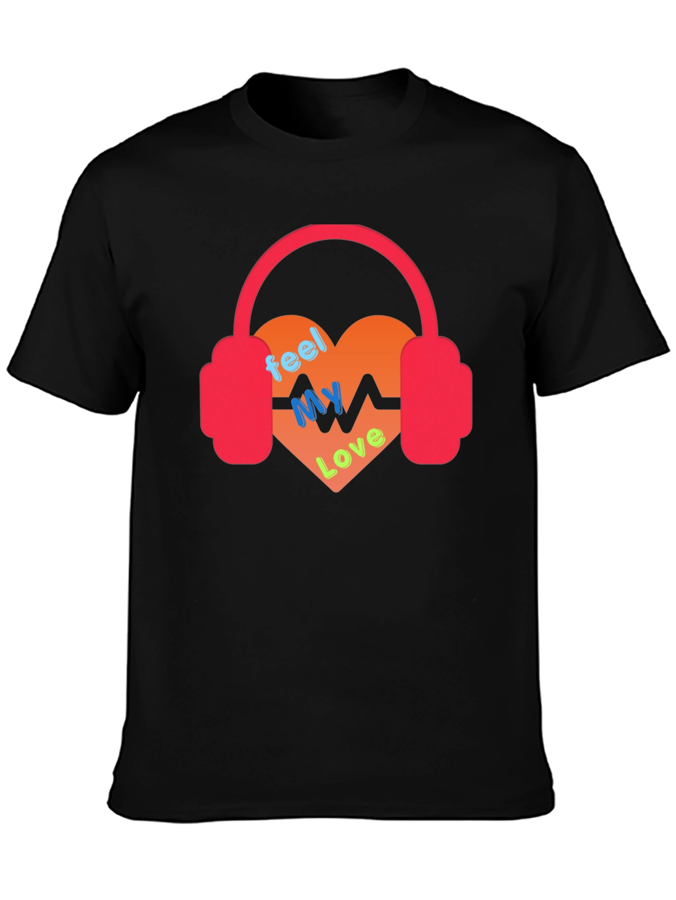 Black Feel My Love Heartbeat Headphones Graphic Tee view 3