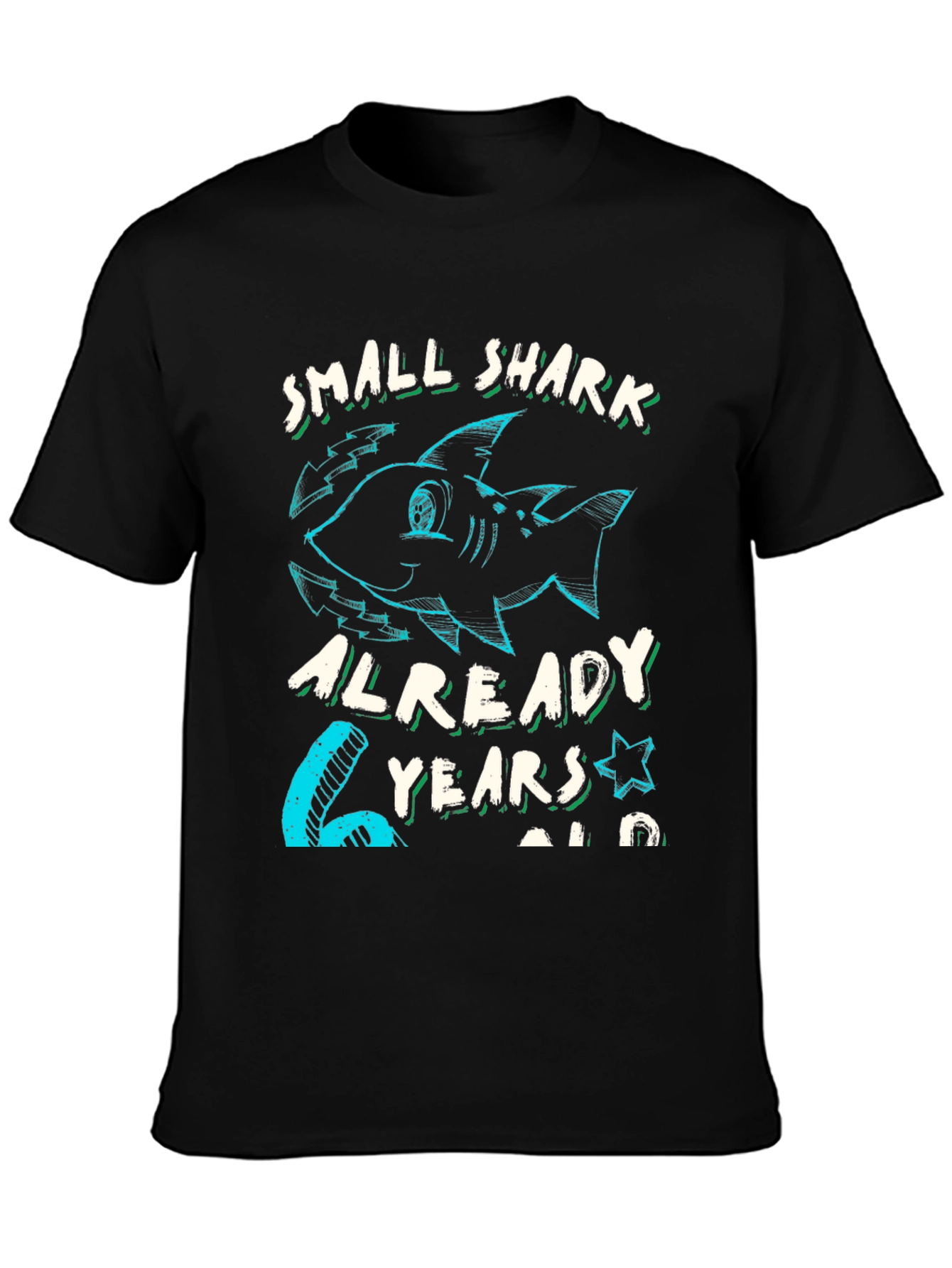 Black Small Shark 6 Years Old Birthday T-Shirt view 3