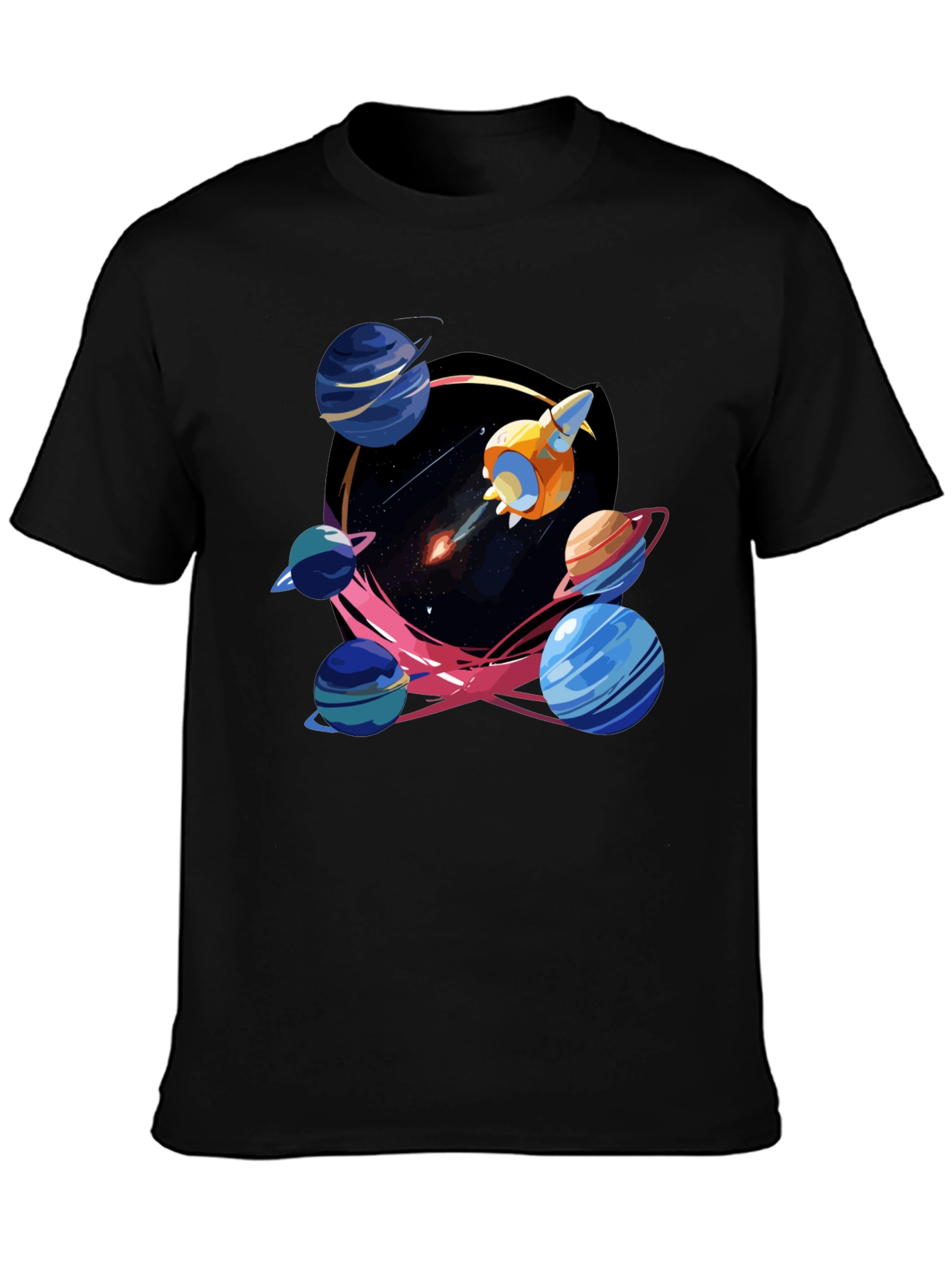 Black Space Adventure T-Shirt: Rocket and Planets view 3