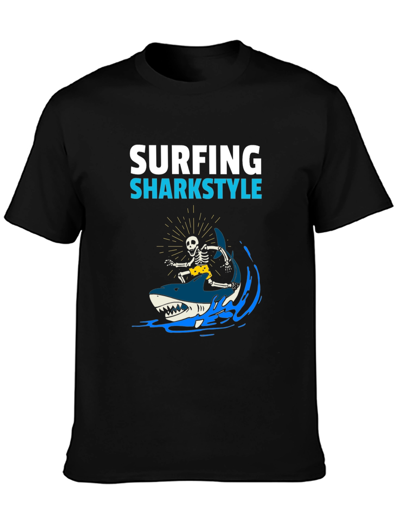 Black Surfing Sharkstyle Skeleton Graphic T-Shirt view 3