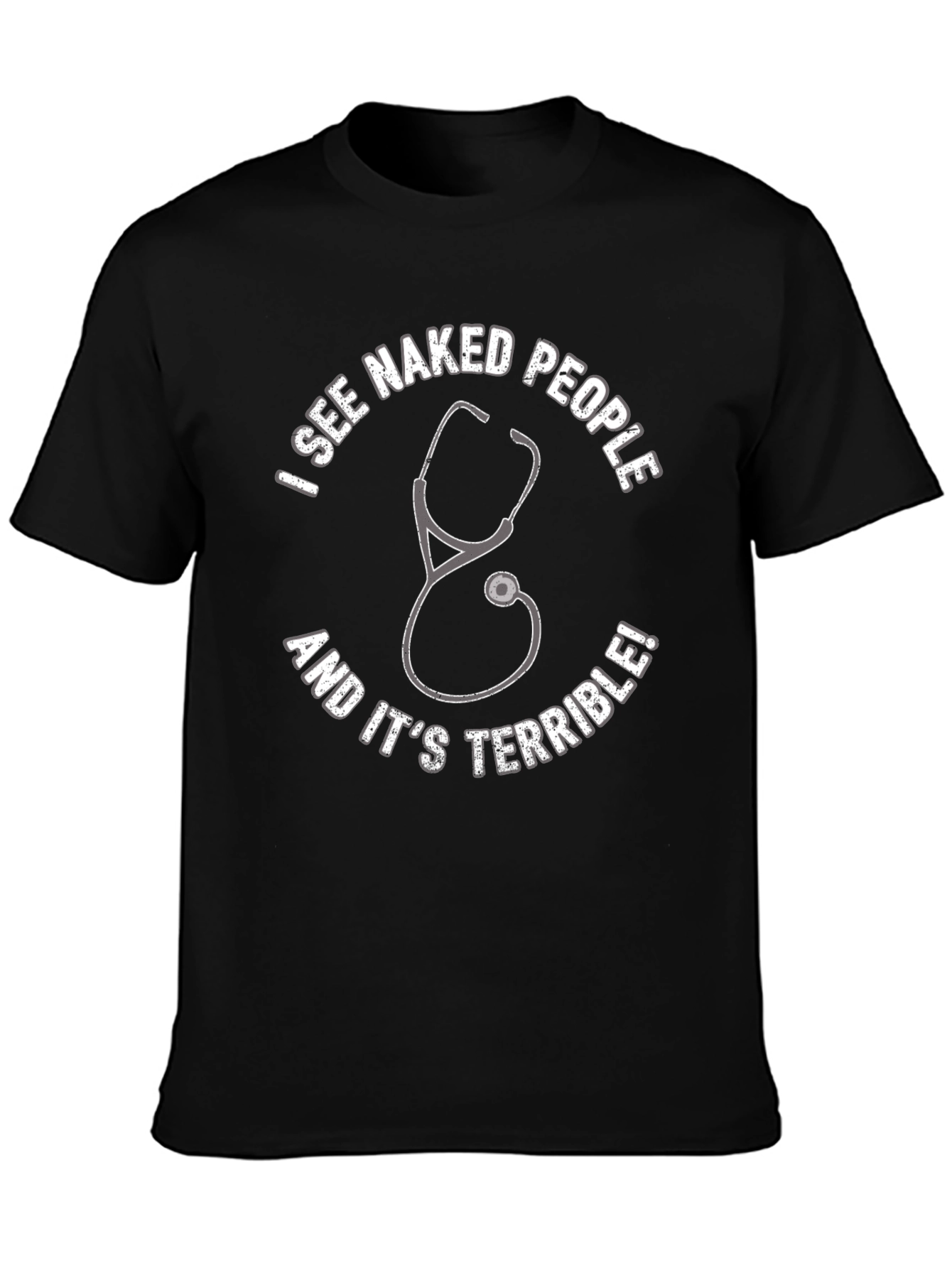 Black Funny Doctor/Nurse Black T-Shirt - Naked People Stethoscope view 3