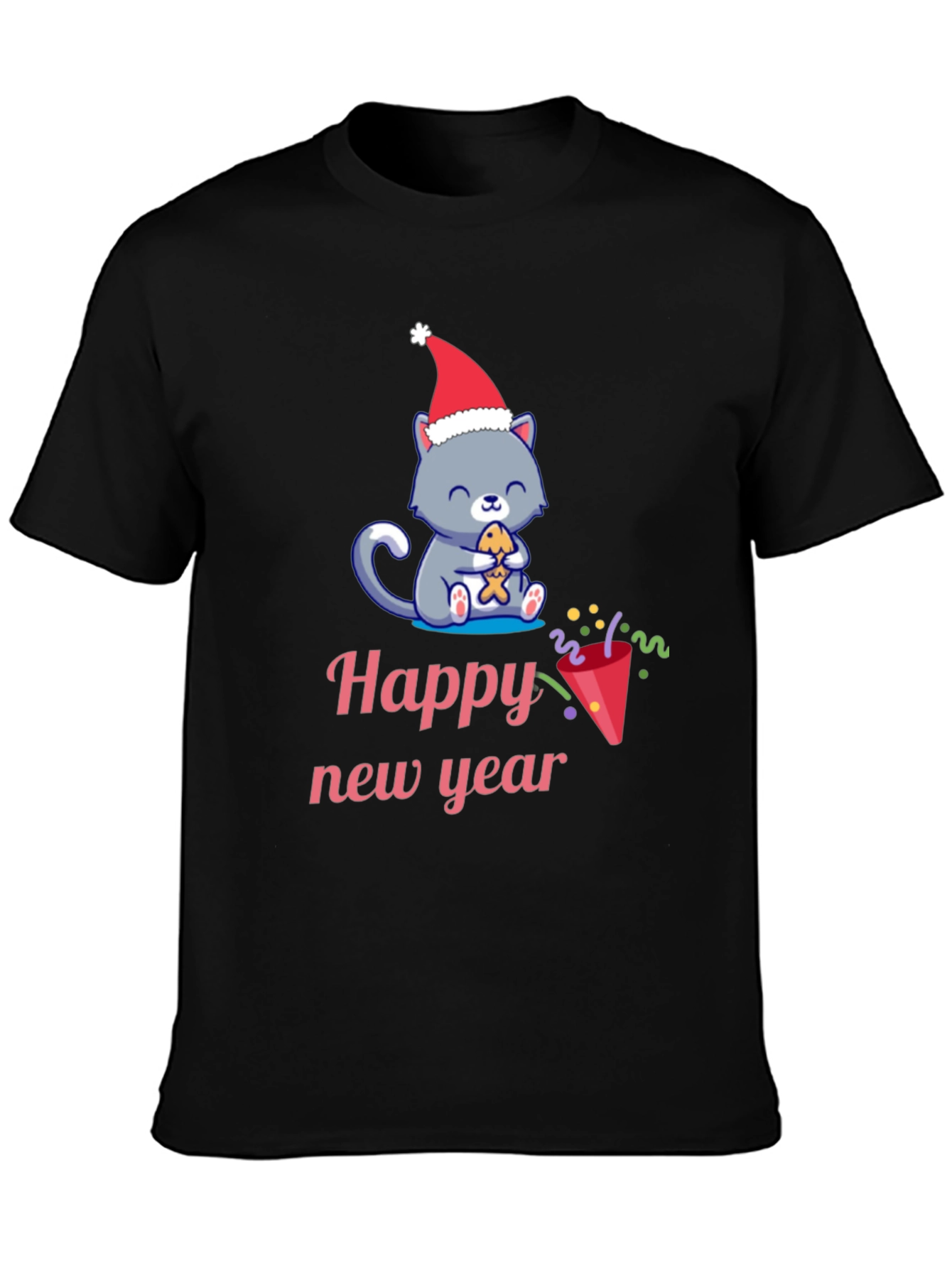 Black Festive Happy New Year Cat T-Shirt view 3