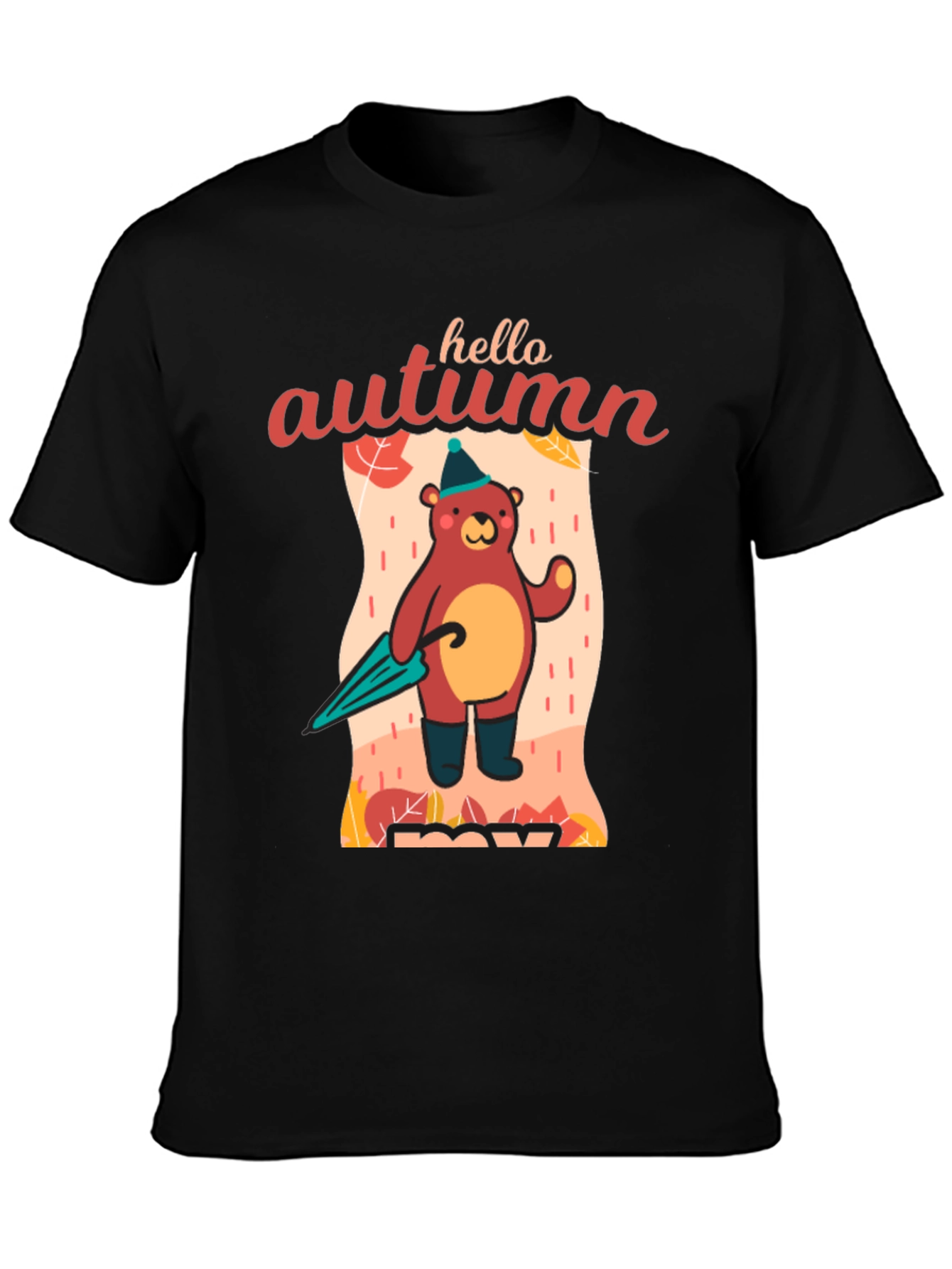 Black Hello Autumn Bear T-Shirt, Fall Season Apparel view 3