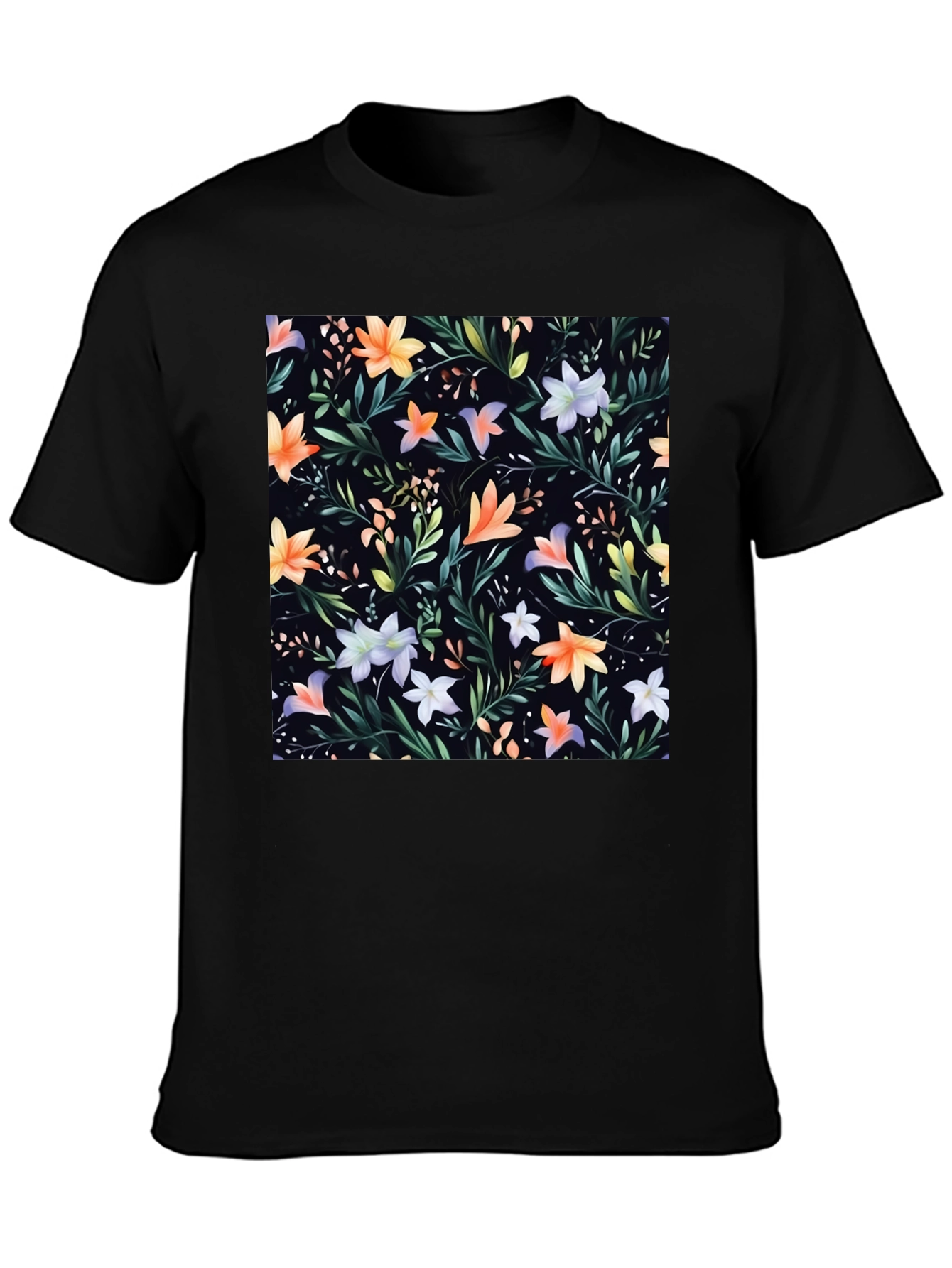 Black Floral Print Black Crew Neck T-Shirt view 3