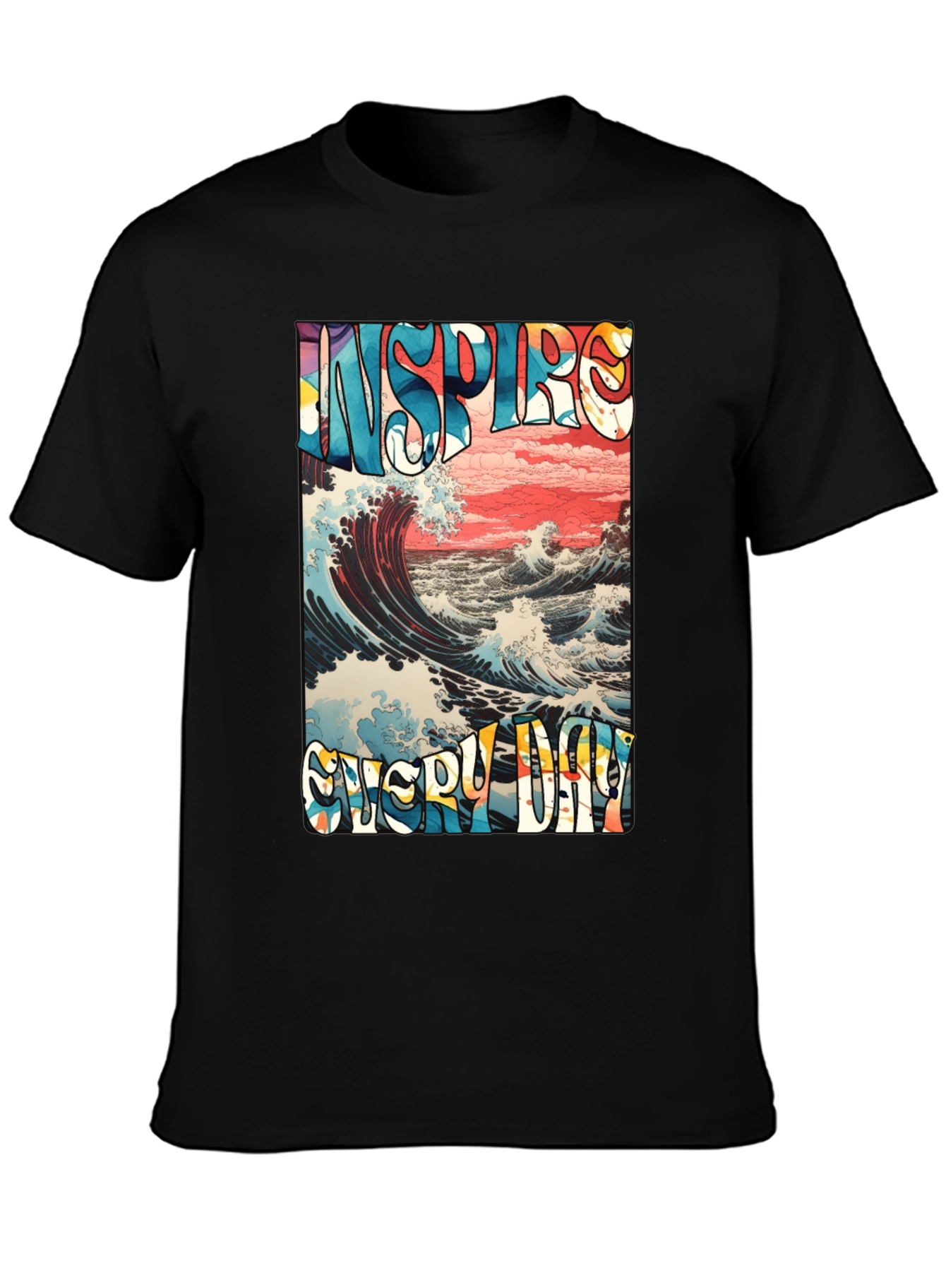 Black Inspire Every Day Graphic T-Shirt - Ocean Wave Design view 3