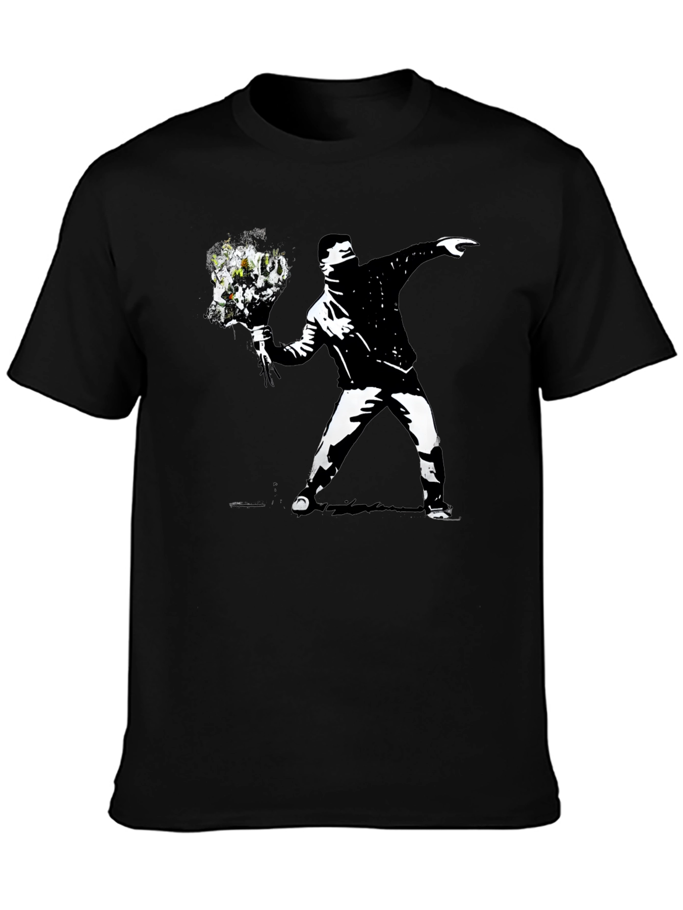 Black Banksy Flower Thrower Graphic Black T-Shirt view 3