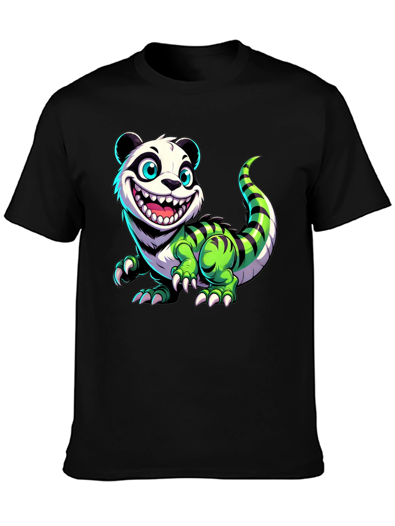 Black Cartoon Panda Lizard Graphic Tee - Unique & Fun Design! view 3