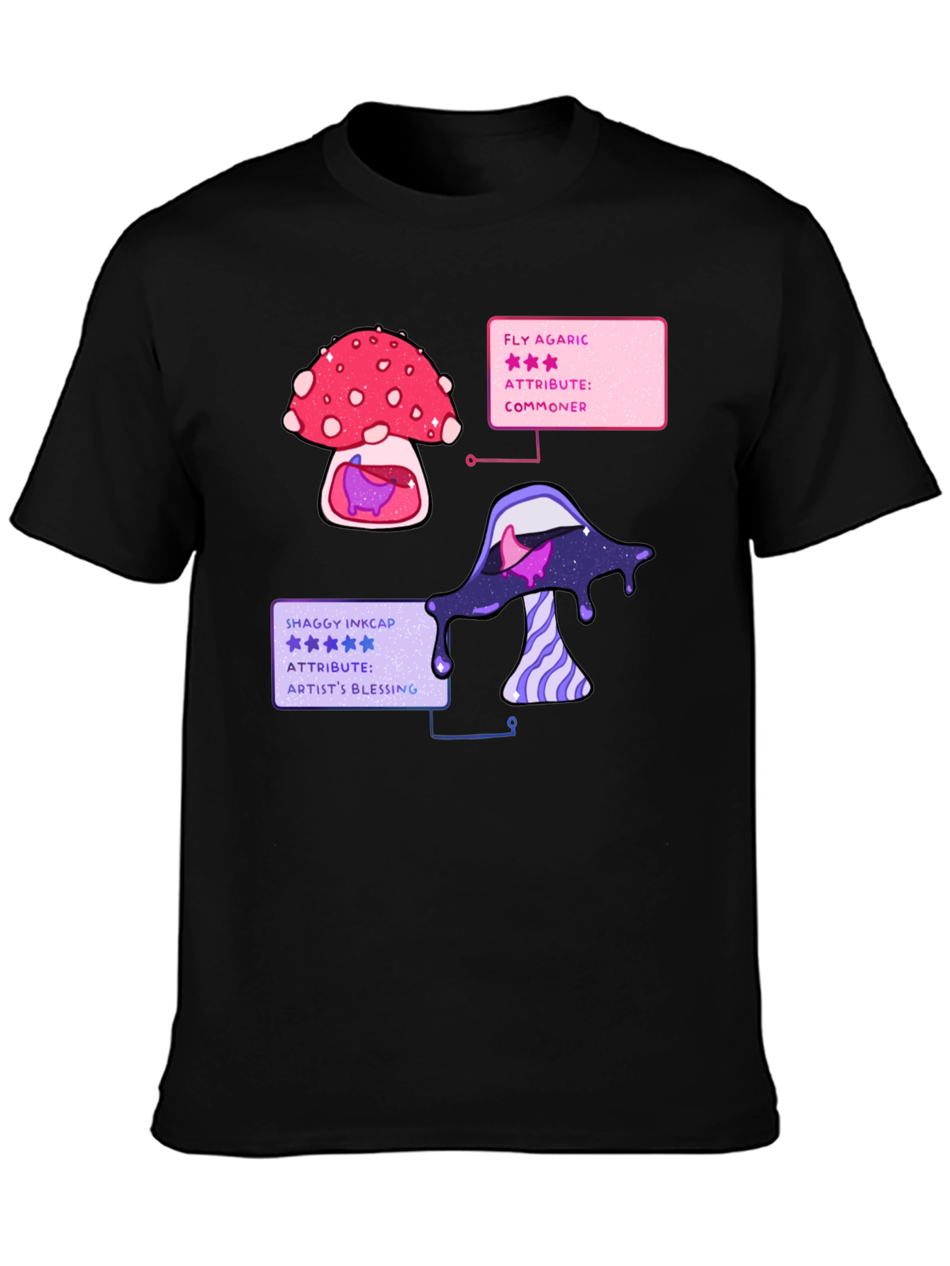 Black Mushroom T-Shirt - Fly Agaric & Shaggy Inkcap Design view 3