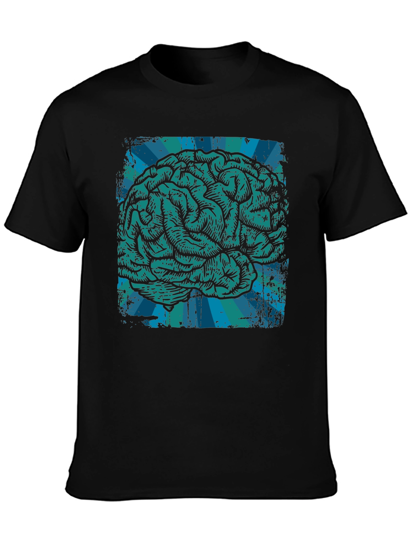 Black Brain Graphic T-Shirt - Teal Illustration on Black Cotton Tee view 3