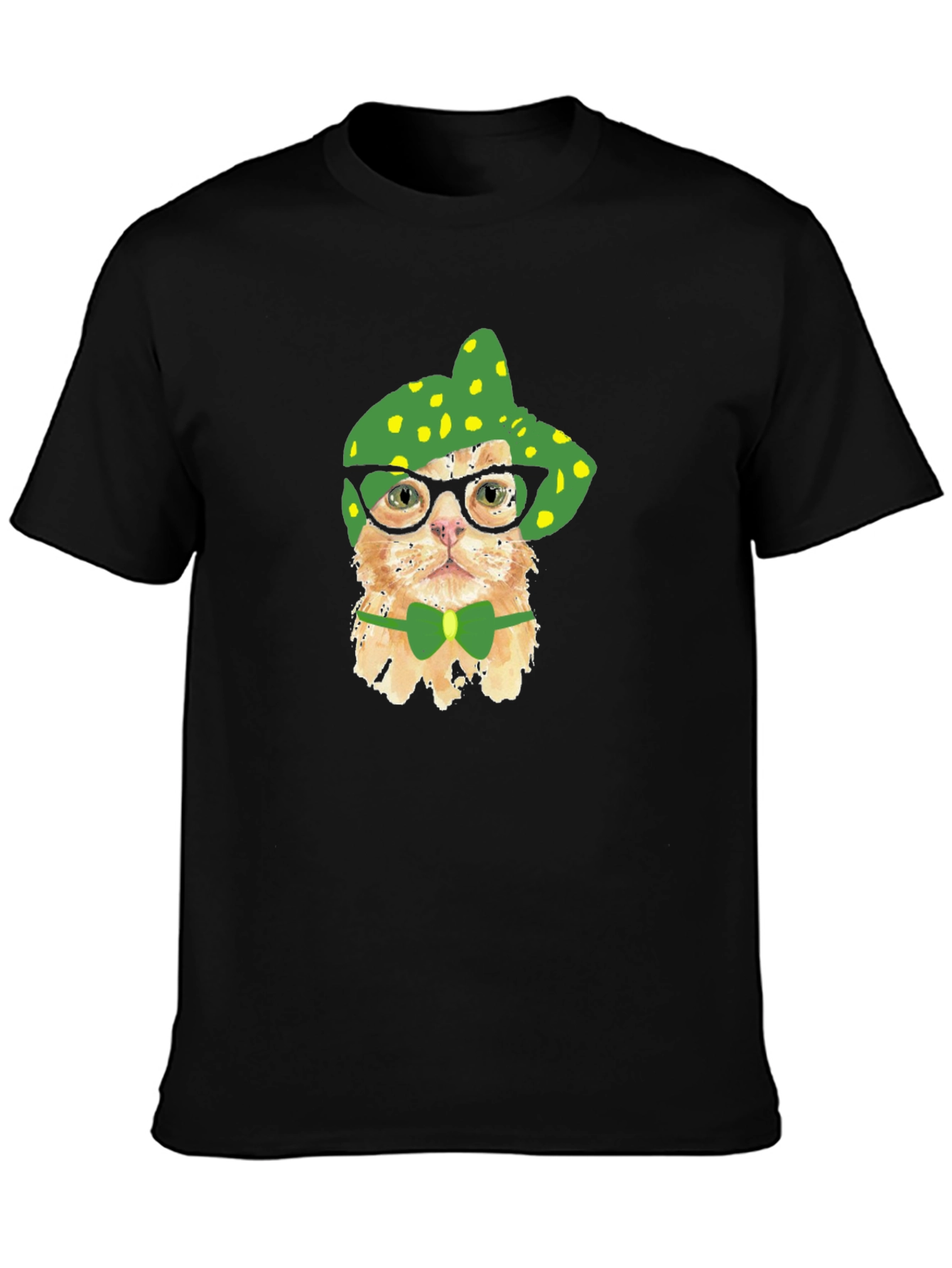 Black Funny Cat T-Shirt - Cat with Glasses and Bowtie view 3