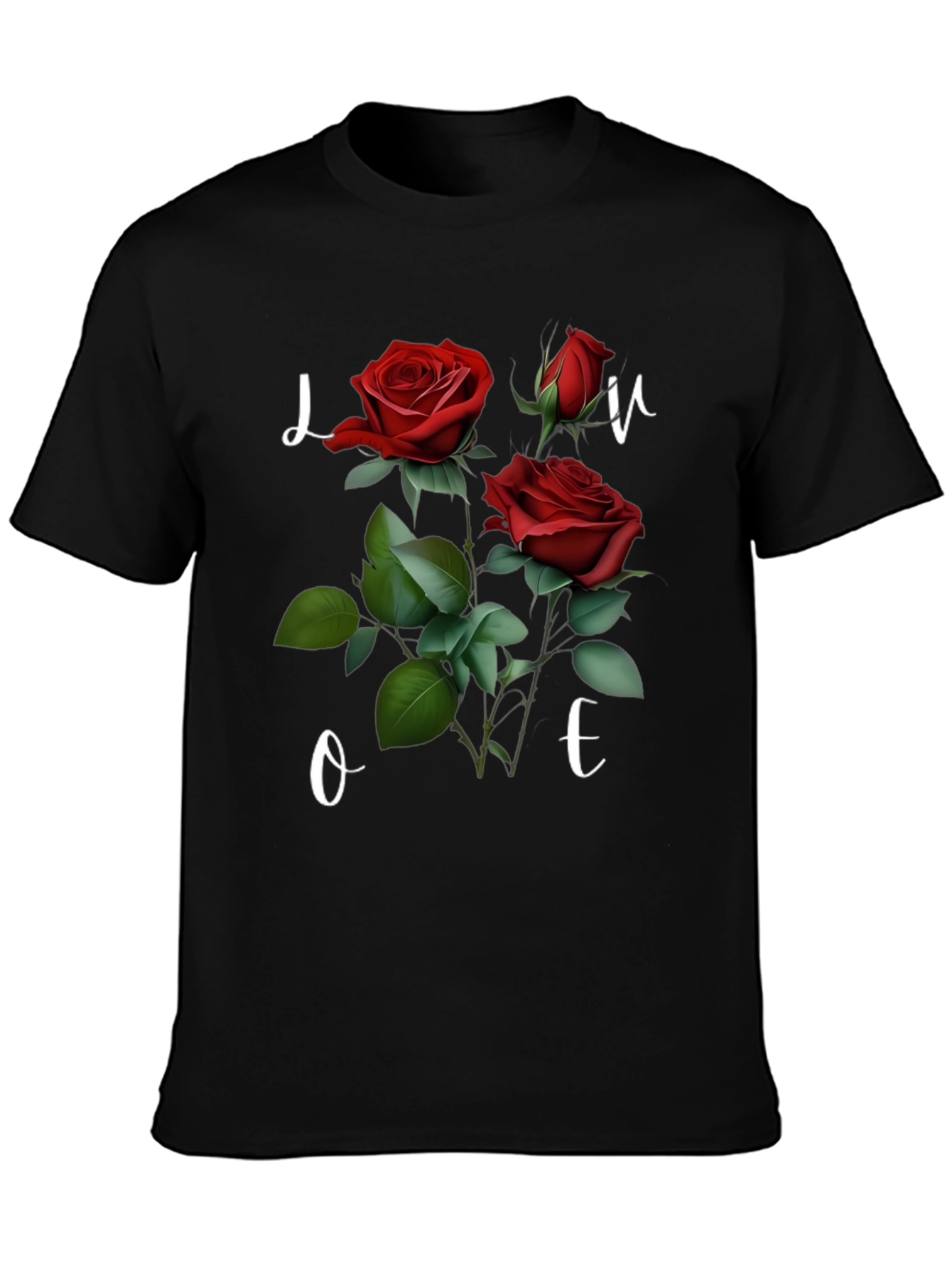 Black Floral Love T-Shirt - Romantic Red Roses view 3