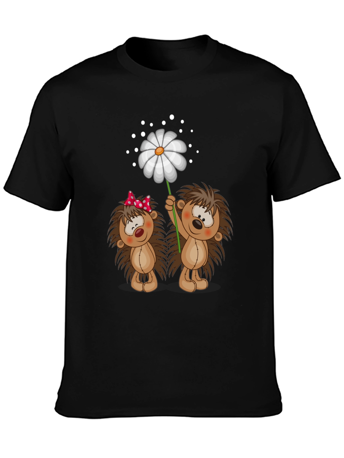 Black Cute Hedgehog & Daisy Graphic Black T-Shirt view 3