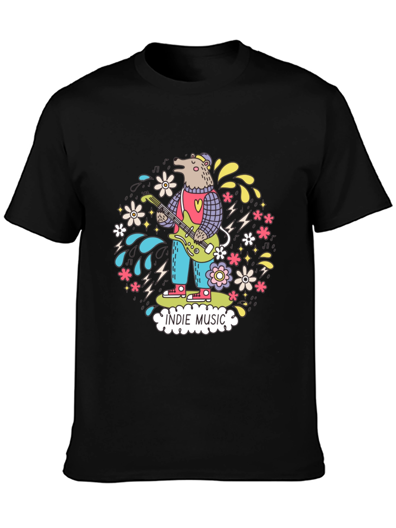 Black Indie Music Bear Graphic T-Shirt view 3