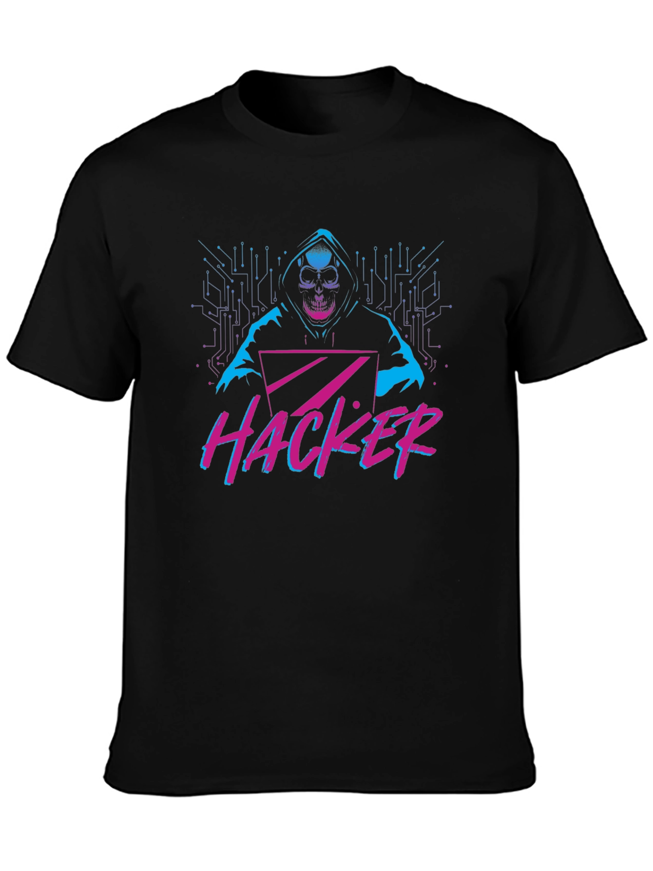 Black Hacker Graphic T-Shirt - Skull & Laptop Design view 3