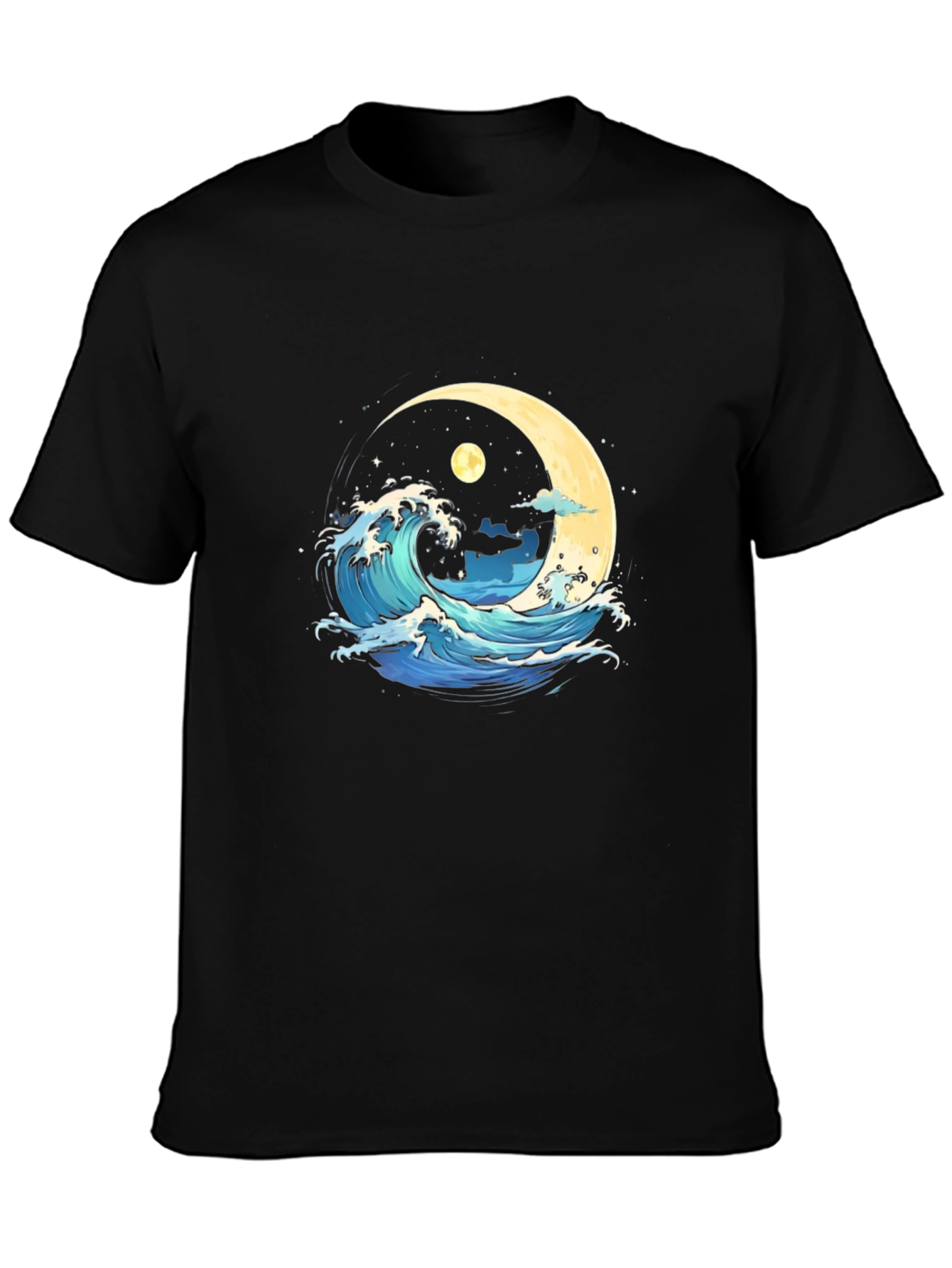 Black Ocean Wave Moon Graphic Black T-Shirt view 3