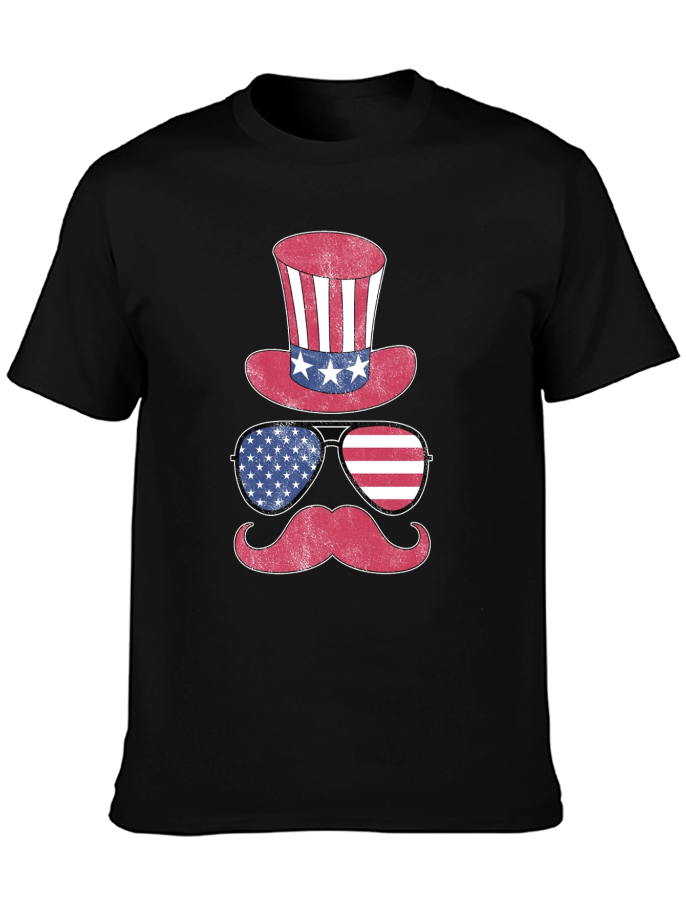Black Patriotic Hat Glasses Mustache Men's T-Shirt view 3