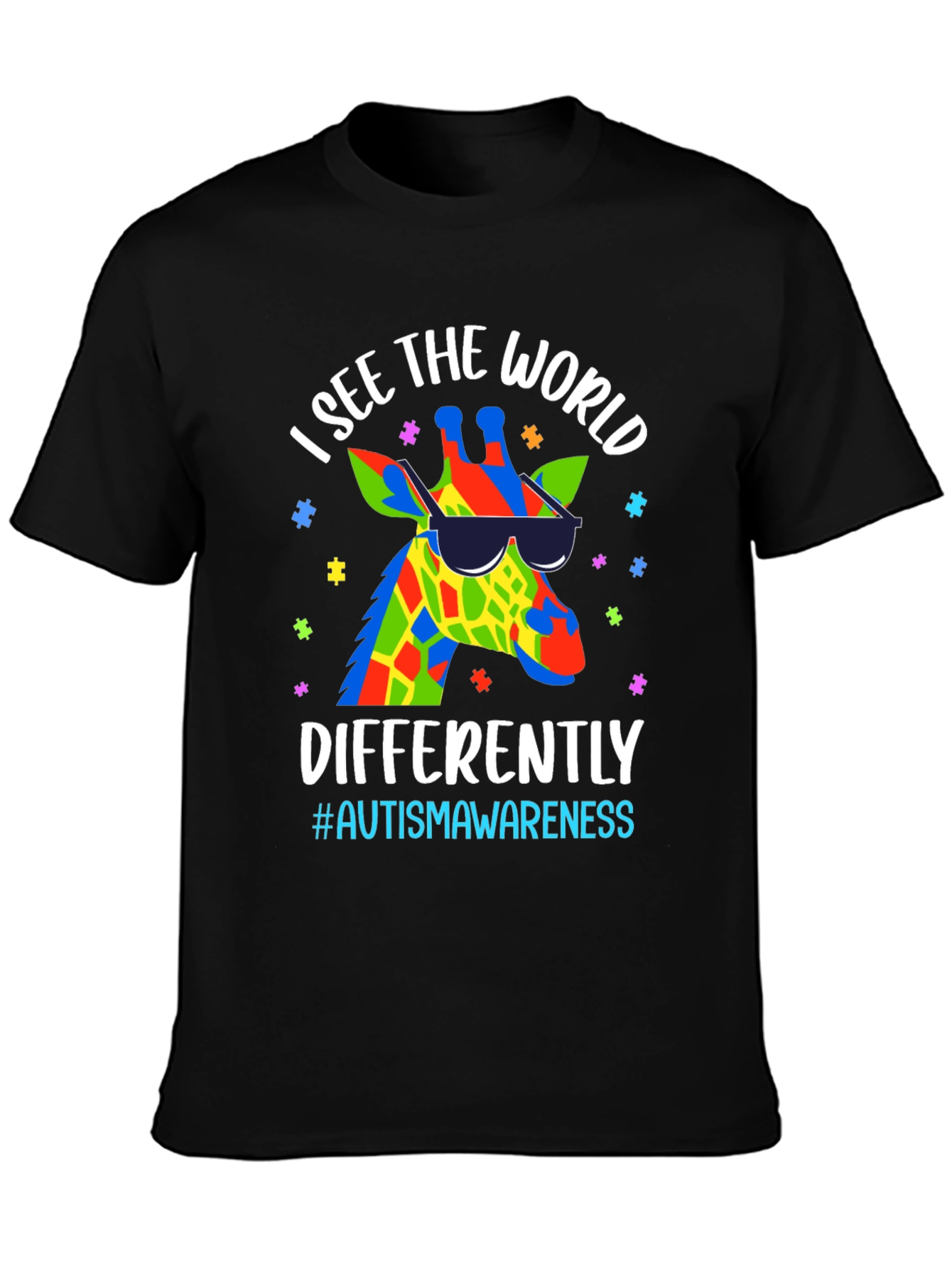 Black Autism Awareness Giraffe T-Shirt  view 3