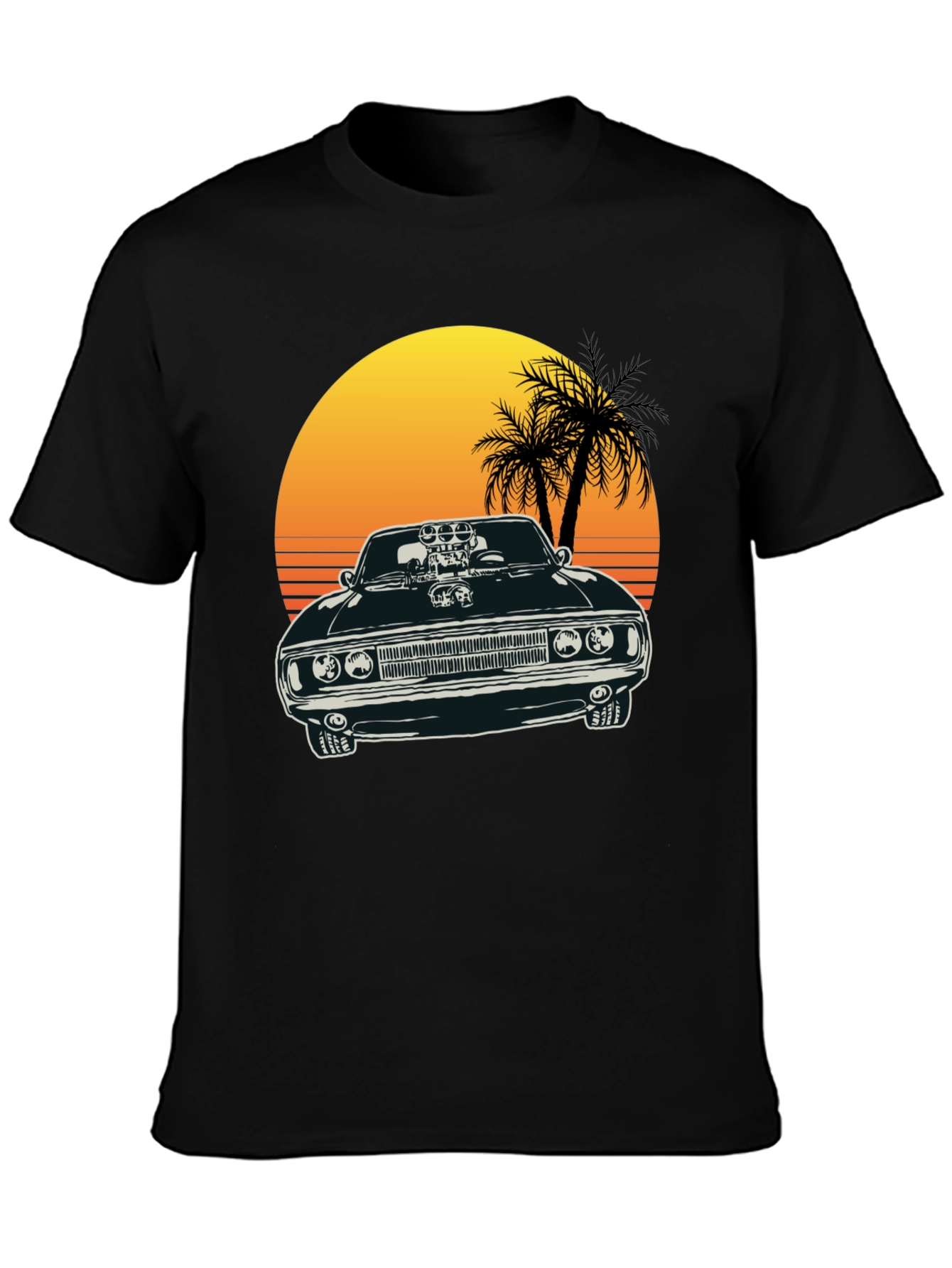 Black Muscle Car Sunset T-Shirt view 3