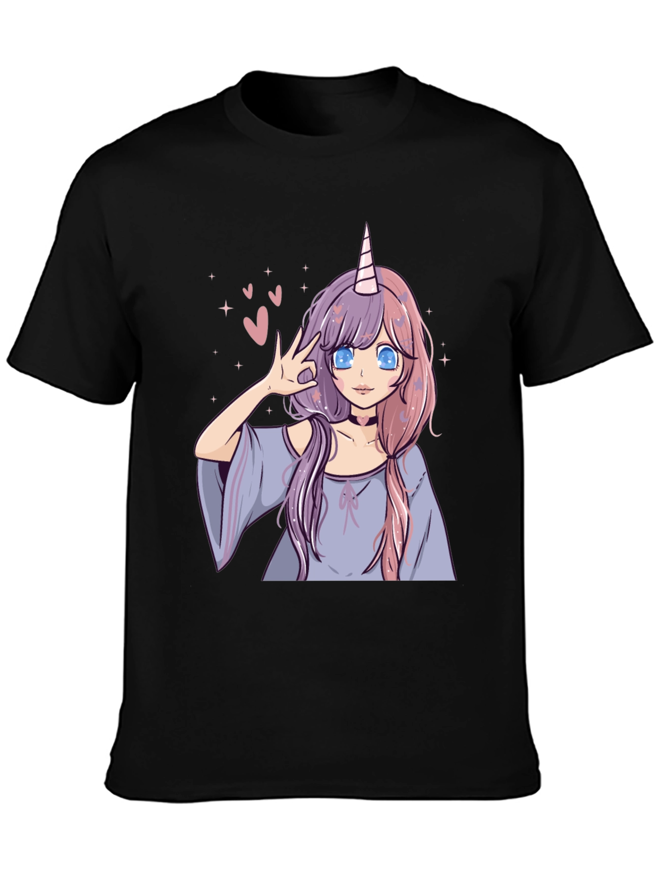 Black Anime Unicorn Girl Graphic Tee - Black Casual T-Shirt view 3