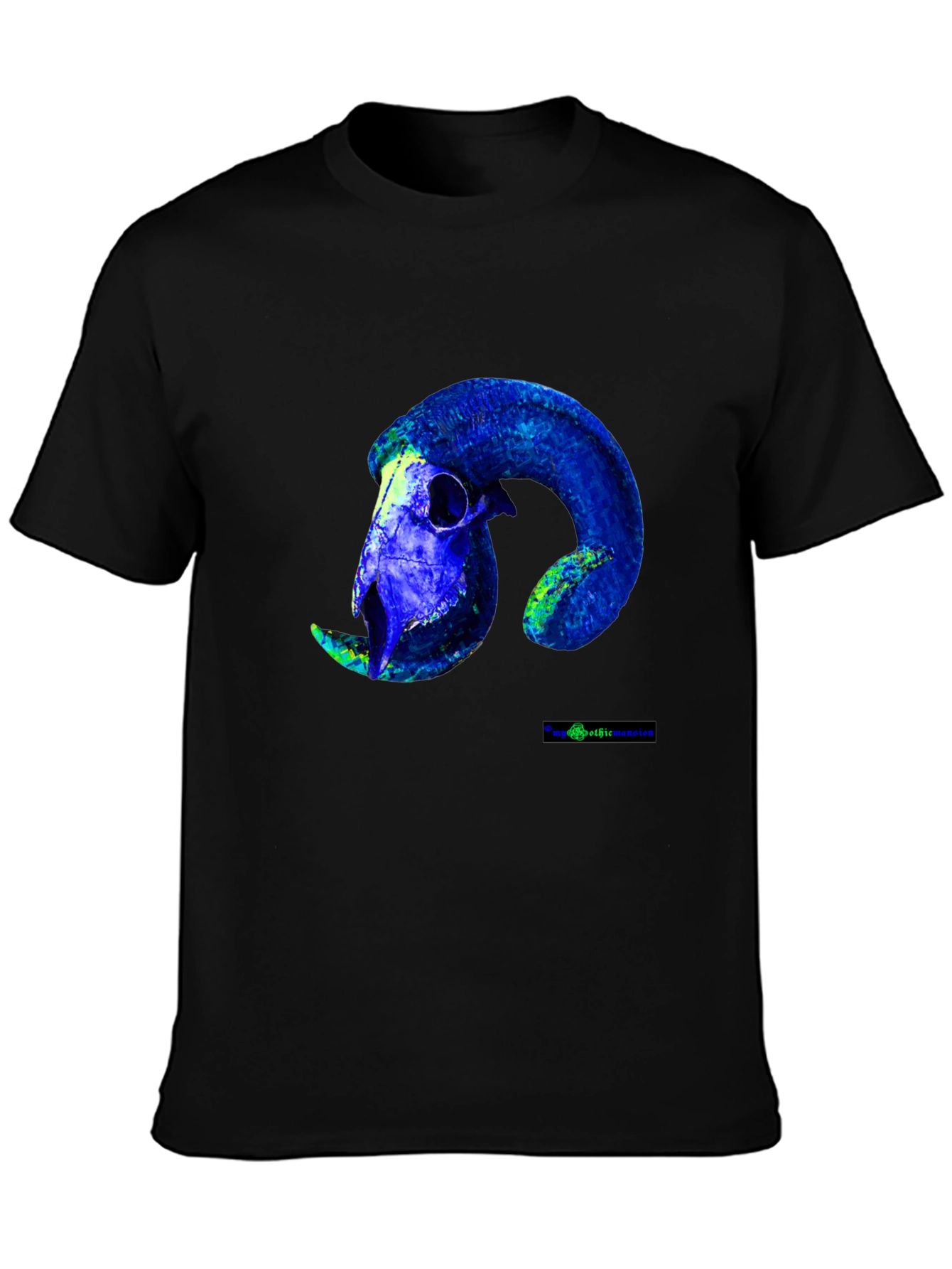 Black Ram Skull Graphic Tee - Bold Blue Design view 3