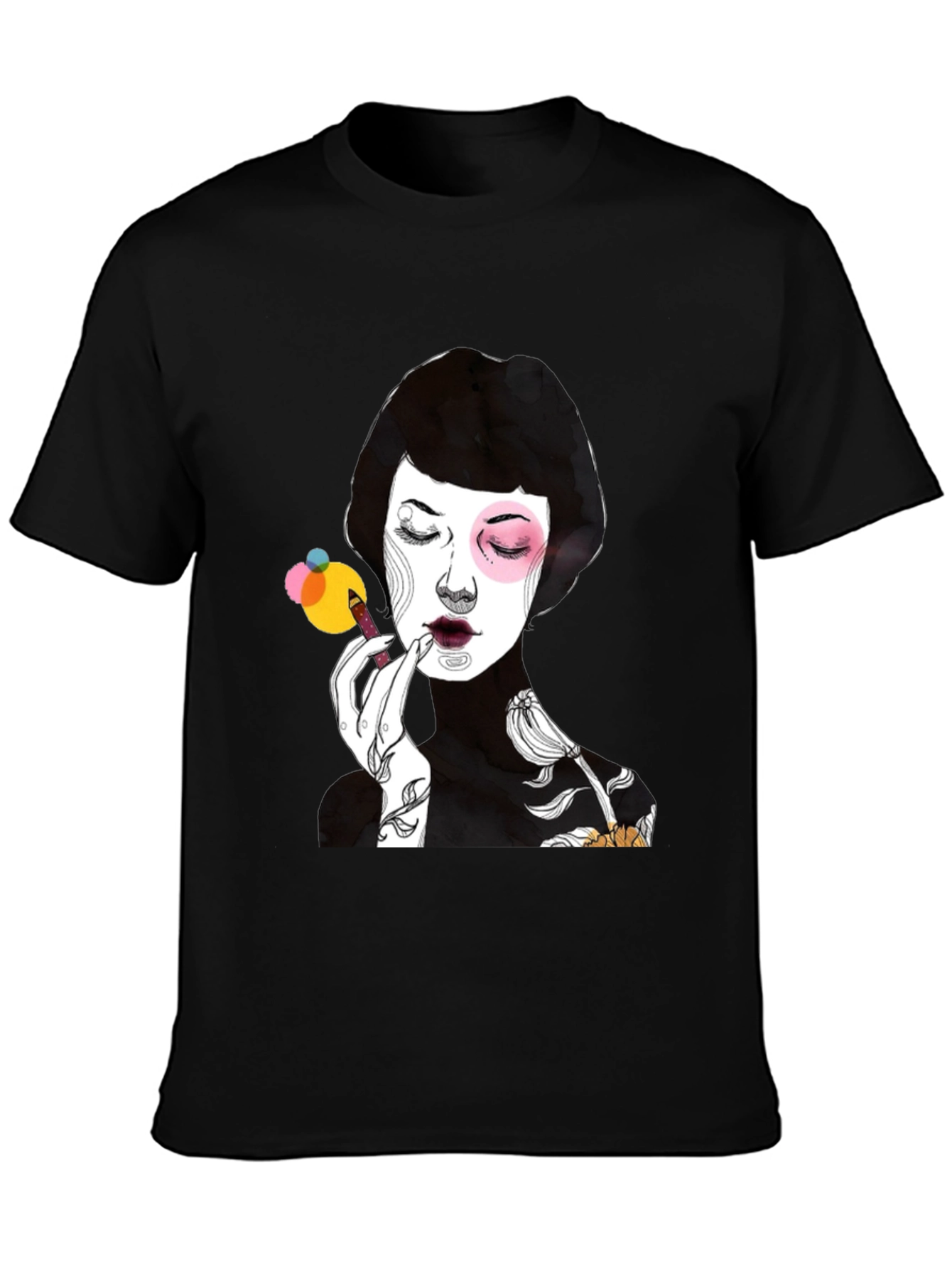 Black Graphic Print Black T-Shirt - Woman Applying Makeup view 3