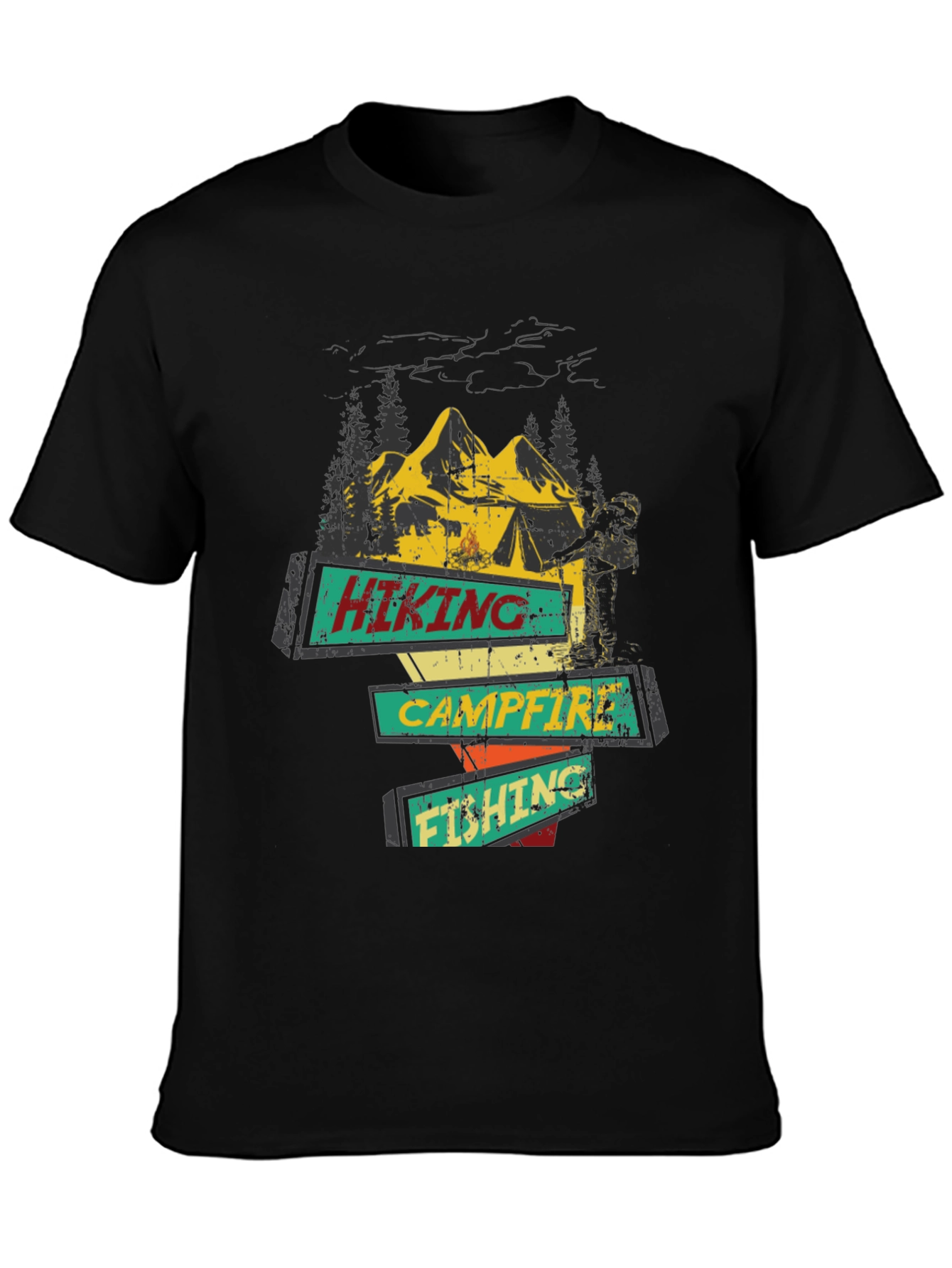 Black Hiking Campfire Fishing Graphic Tee view 3