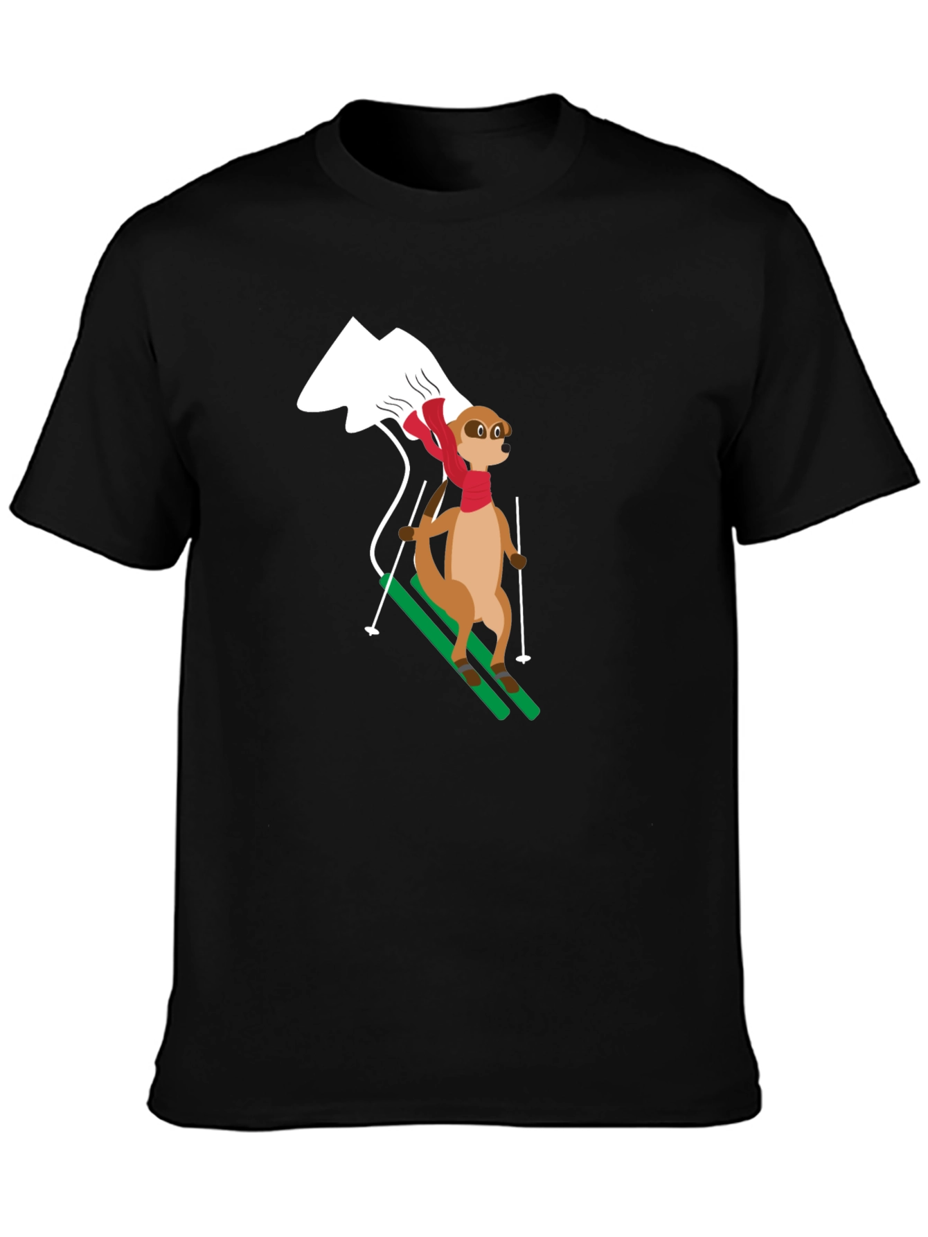 Black Skiing Meerkat T-Shirt - Black Cotton Tee view 3