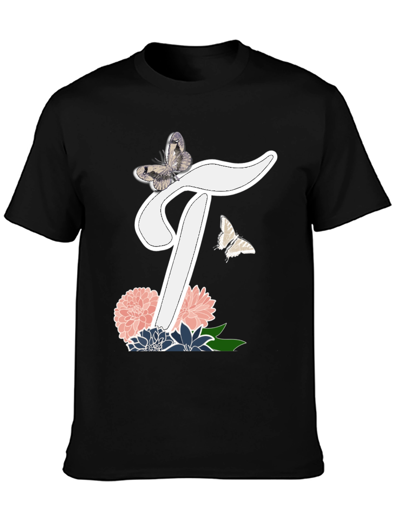 Black Butterfly Letter T Floral T-Shirt view 3