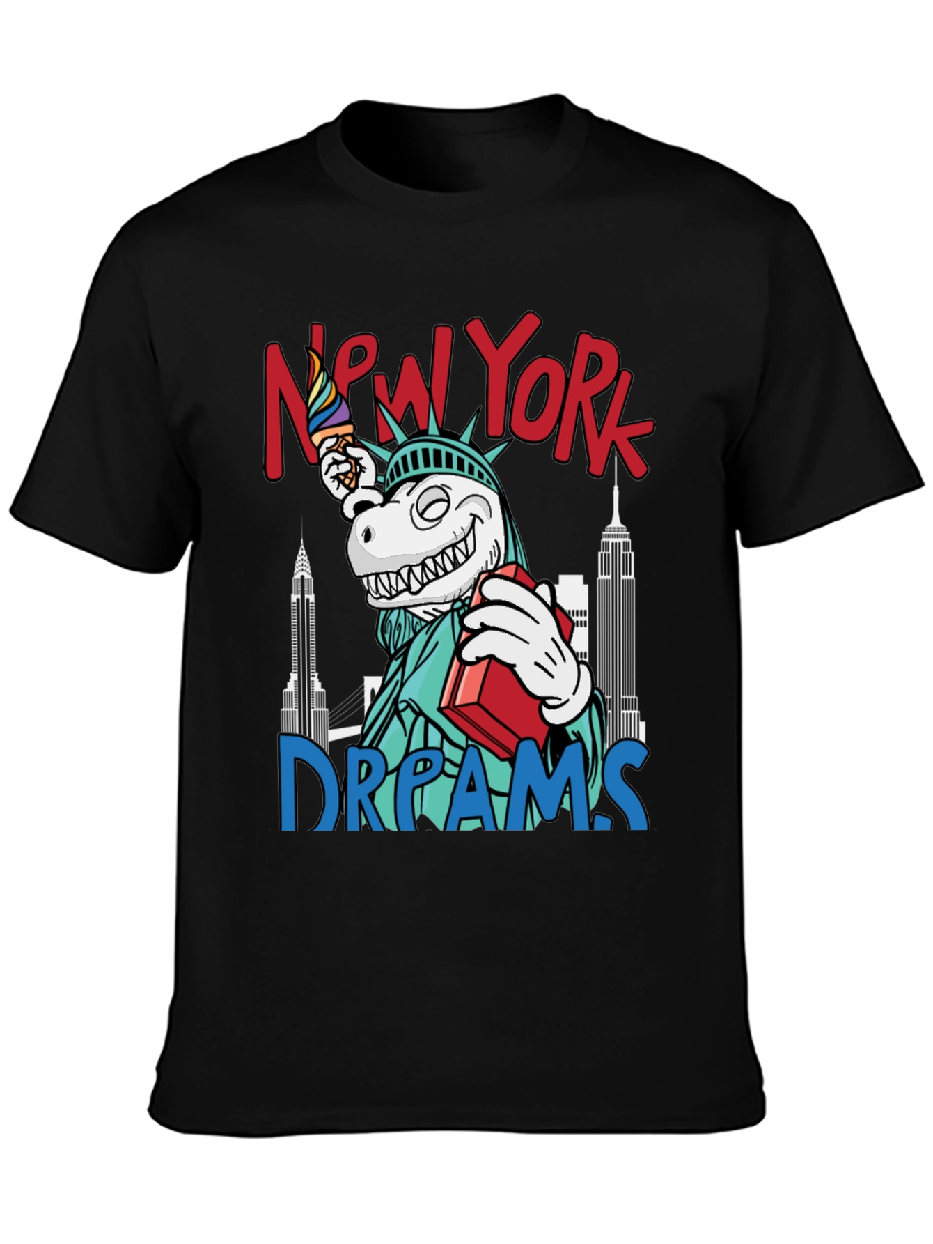 Black New York Dreams T-Shirt: Dinosaur Liberty Funny Tee view 3