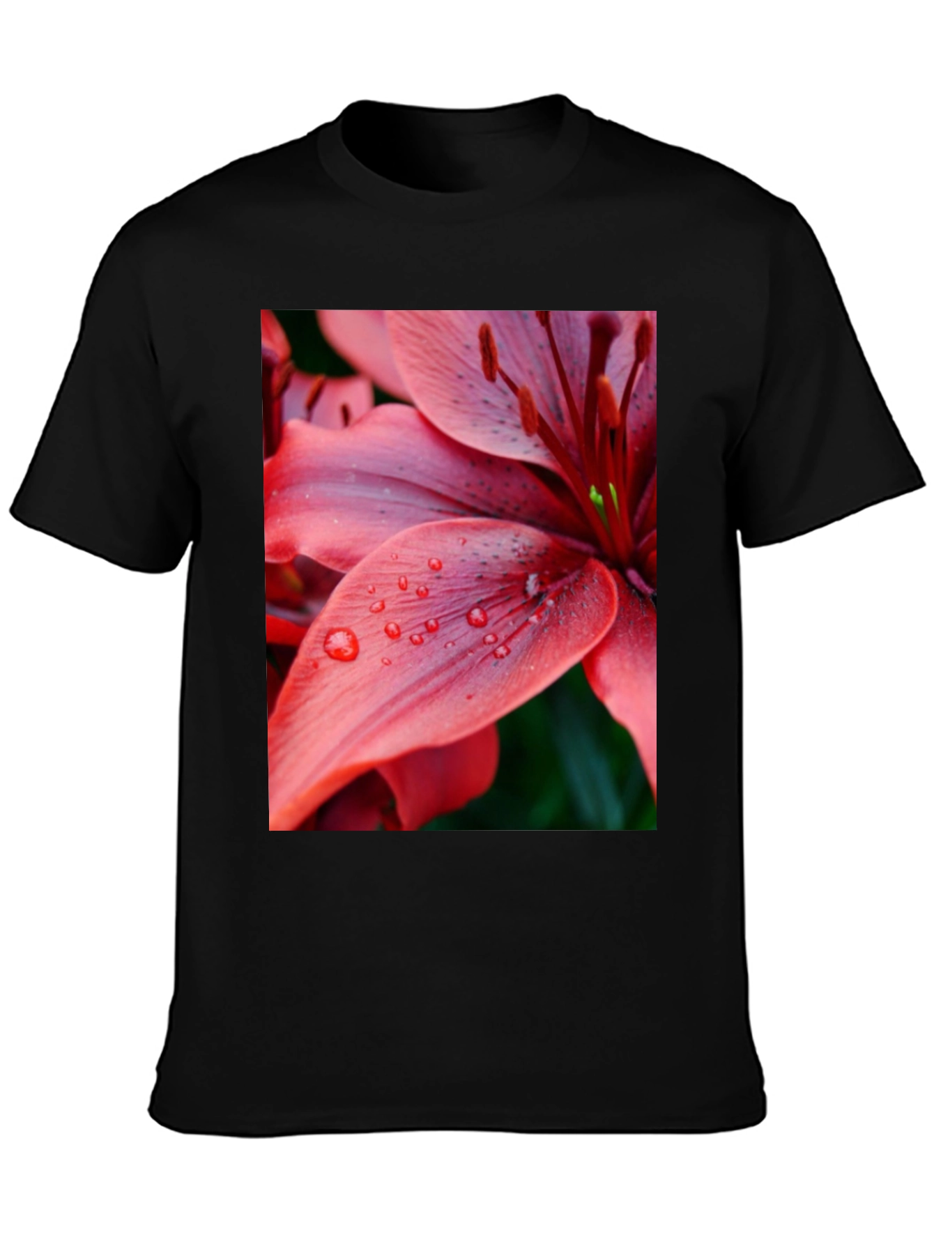 Black Floral Print T-Shirt - Red Lily Design view 3