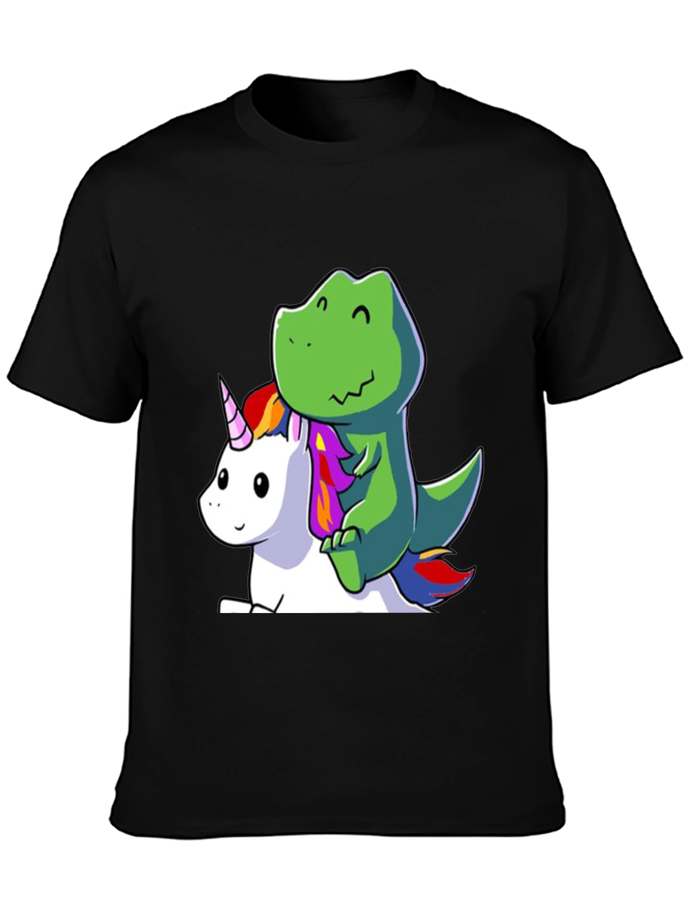 Black Dino Riding Unicorn T-Shirt - Cute Cartoon Design view 3