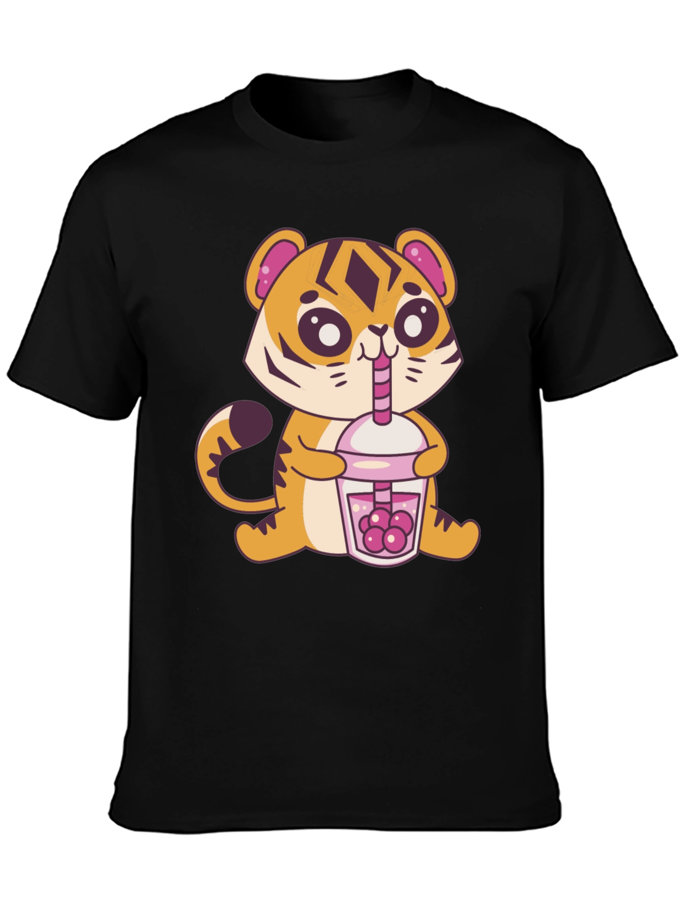 Black Cute Tiger Boba Tea Graphic Tee - Black view 3